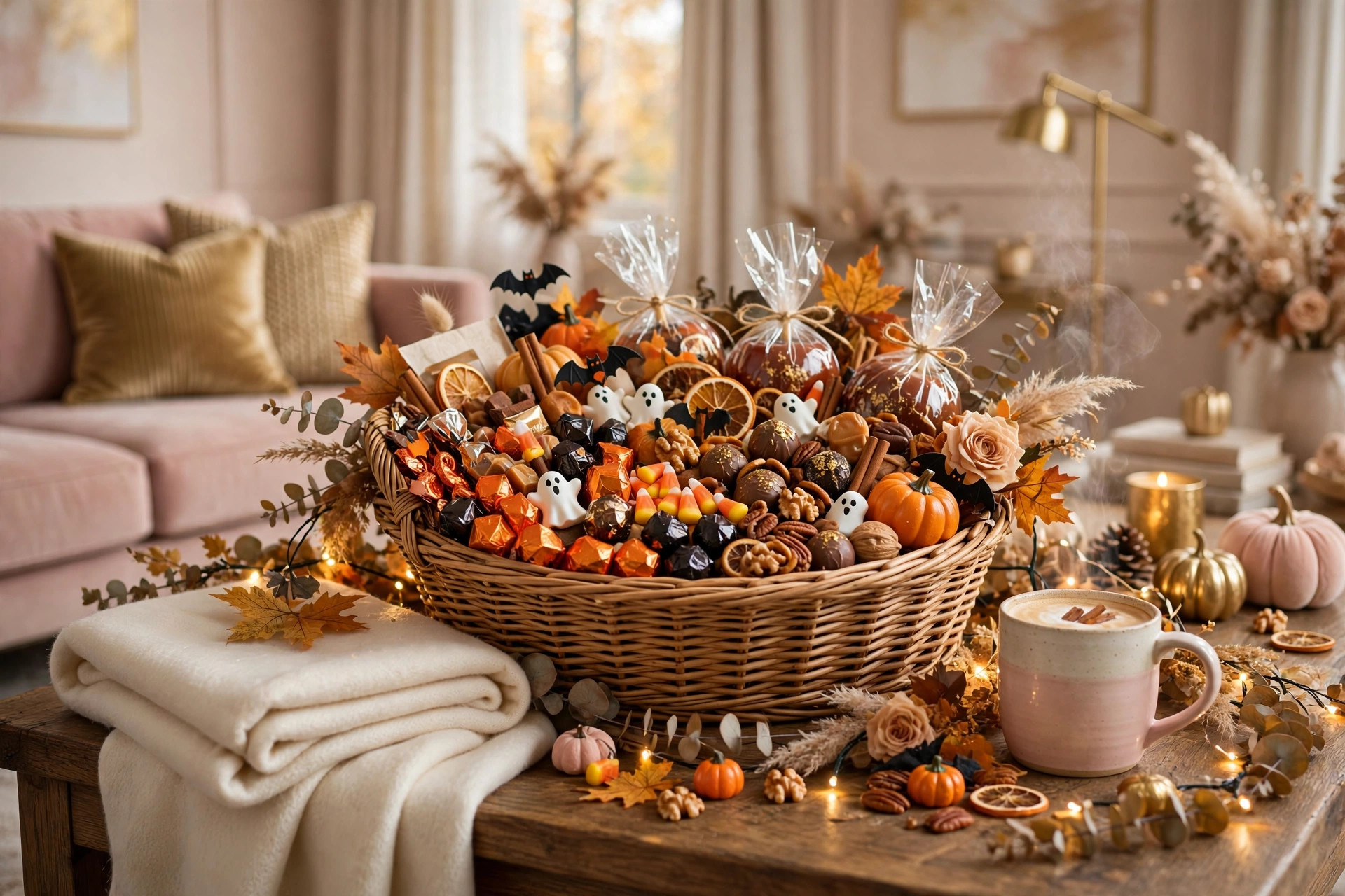 Large full size Halloween boo basket with treats, blanket, mug and fairy lights