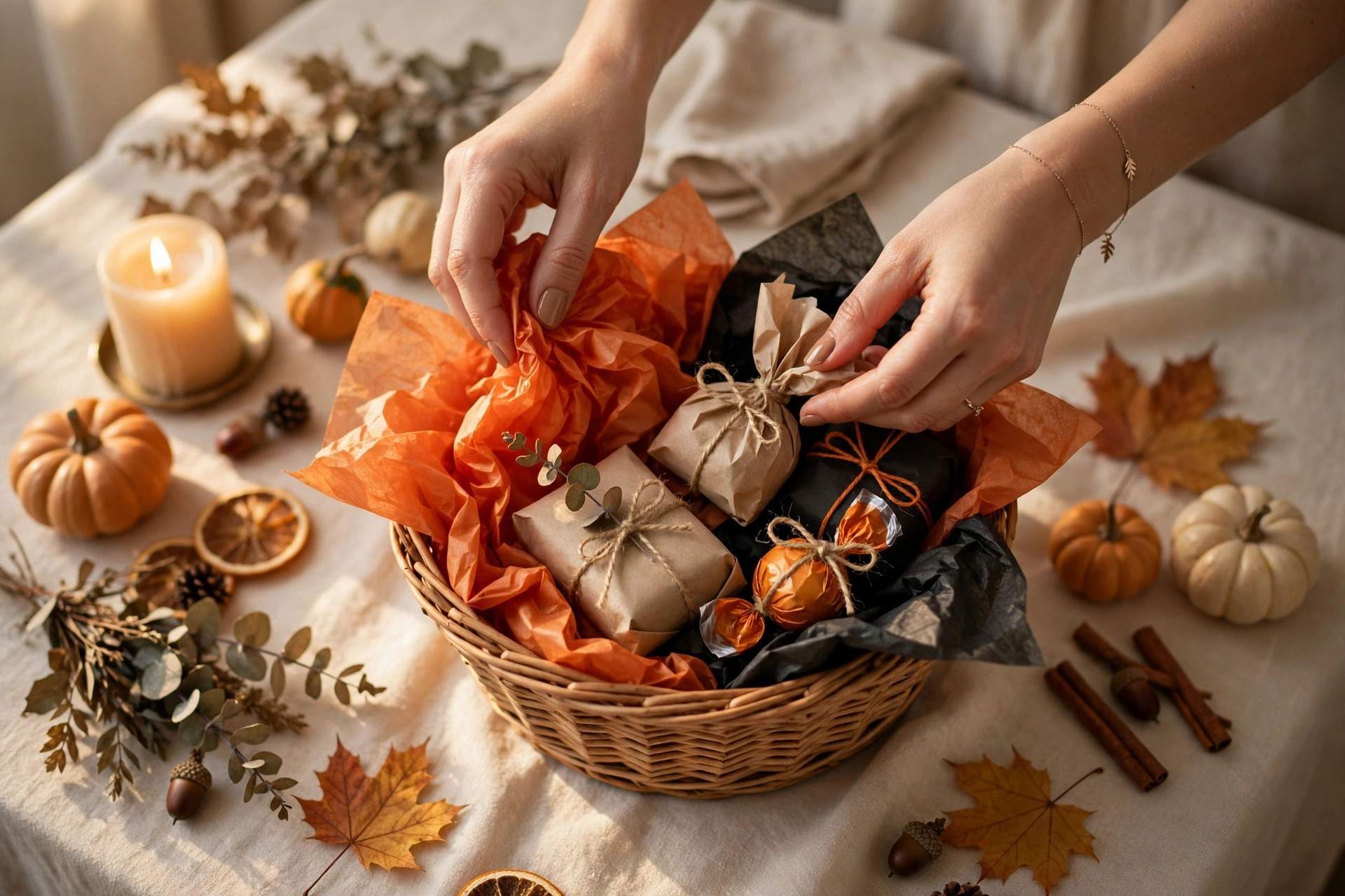 Hands assembling a Halloween boo basket with tissue paper and wrapped treats