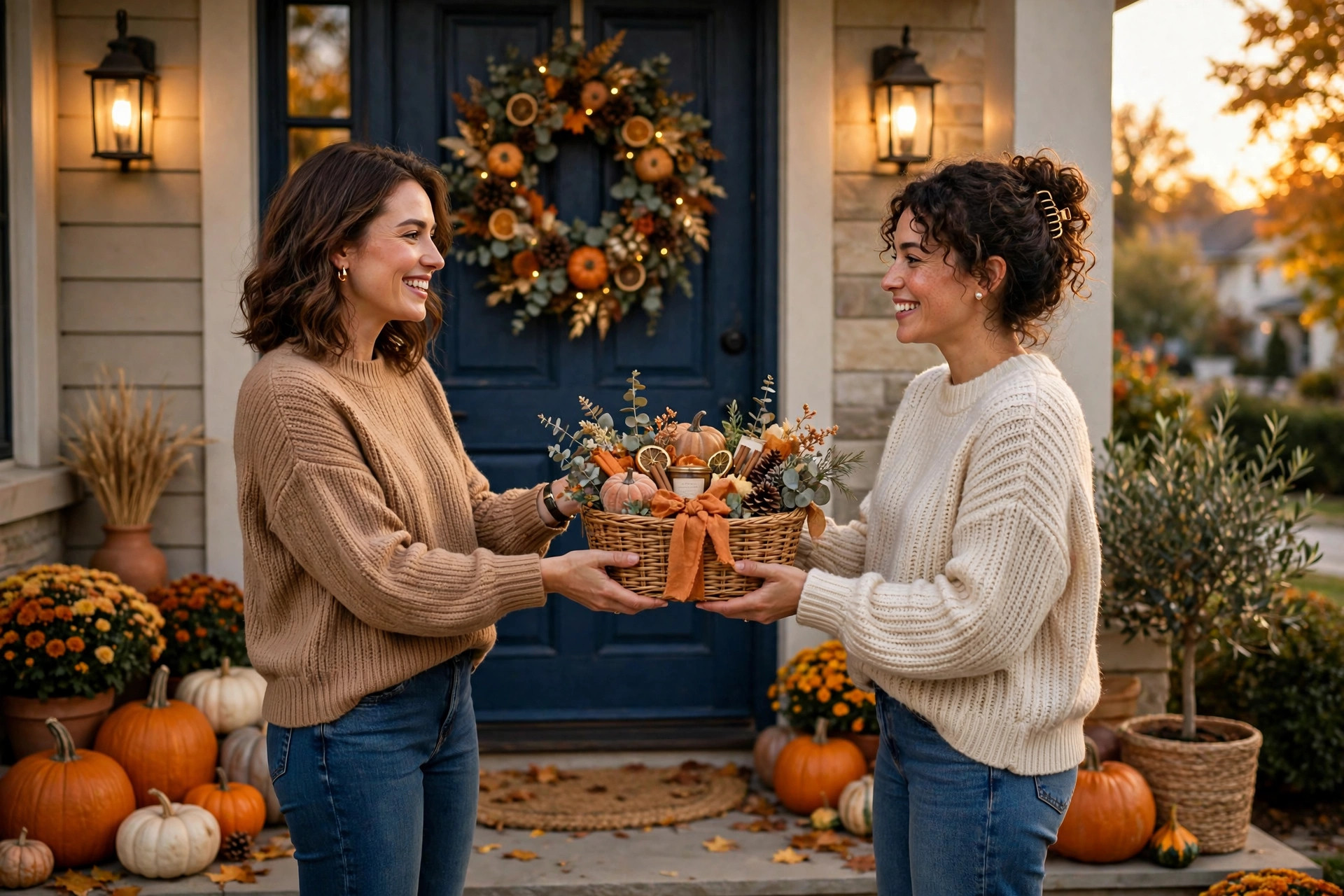 Woman gifting a Halloween boo basket to a friend at a pumpkin decorated door