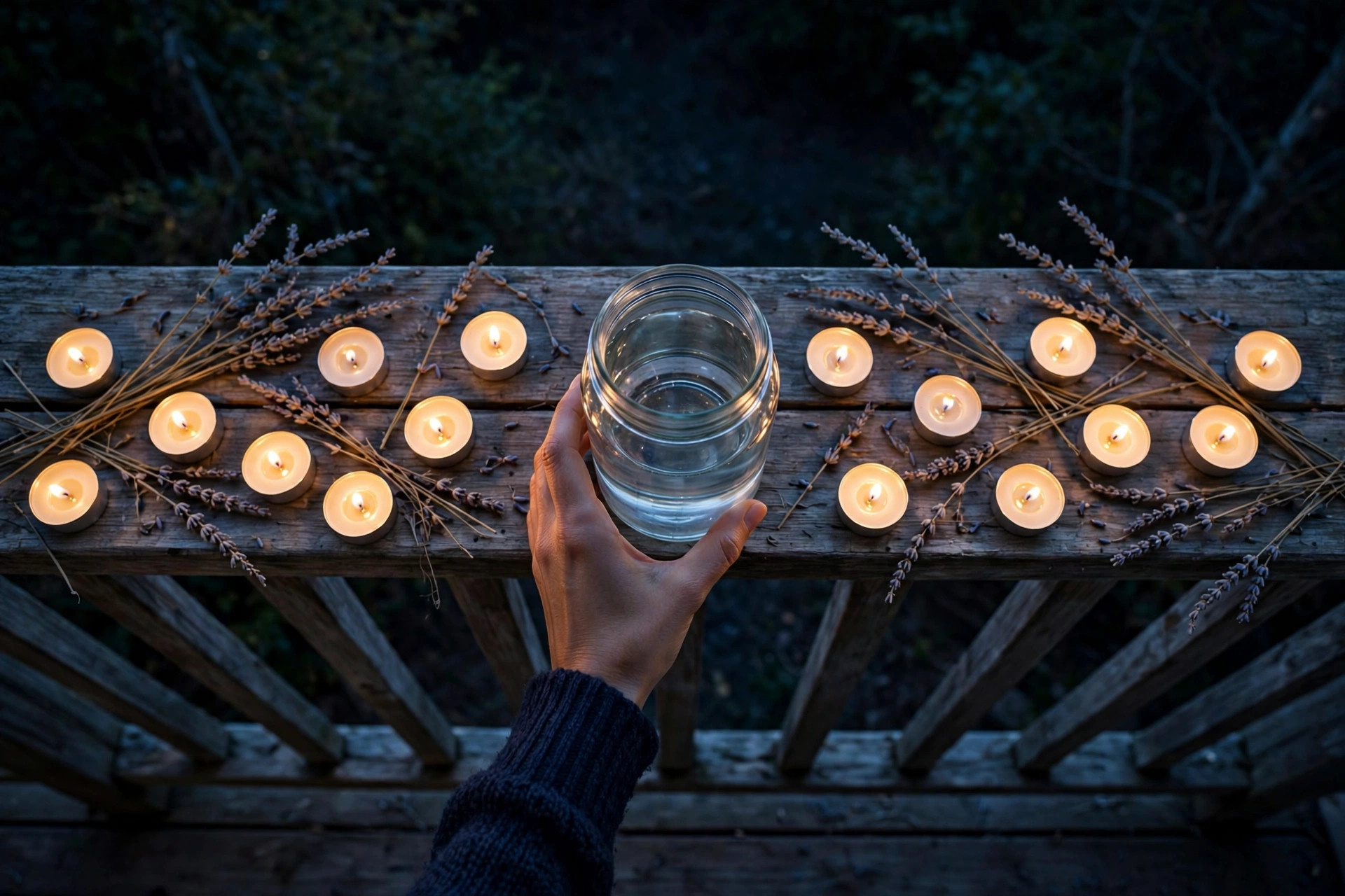 Photorealistic overhead view of a woman placing a clear glass jar of water on a moonlit balcony railing, surrounded by small candles and sprigs of dried lavender, wide horizontal 3:2 composition, no text or words in the image.