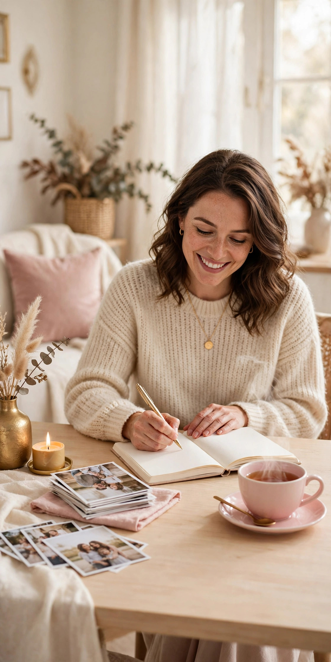 Woman writing in a gratitude journal with photos of loved ones nearby