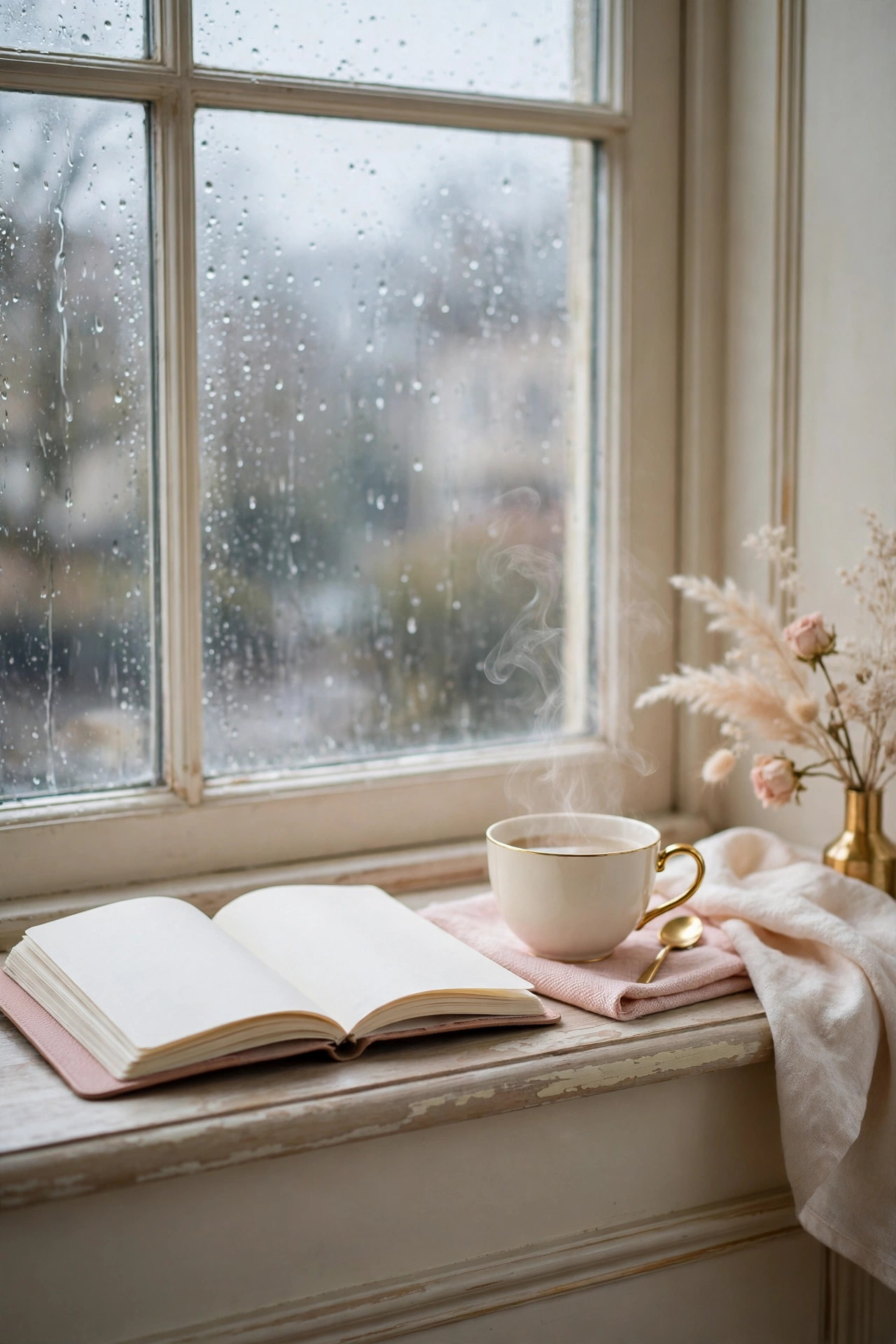Gratitude journal open on a windowsill with rain drops and a cup of tea