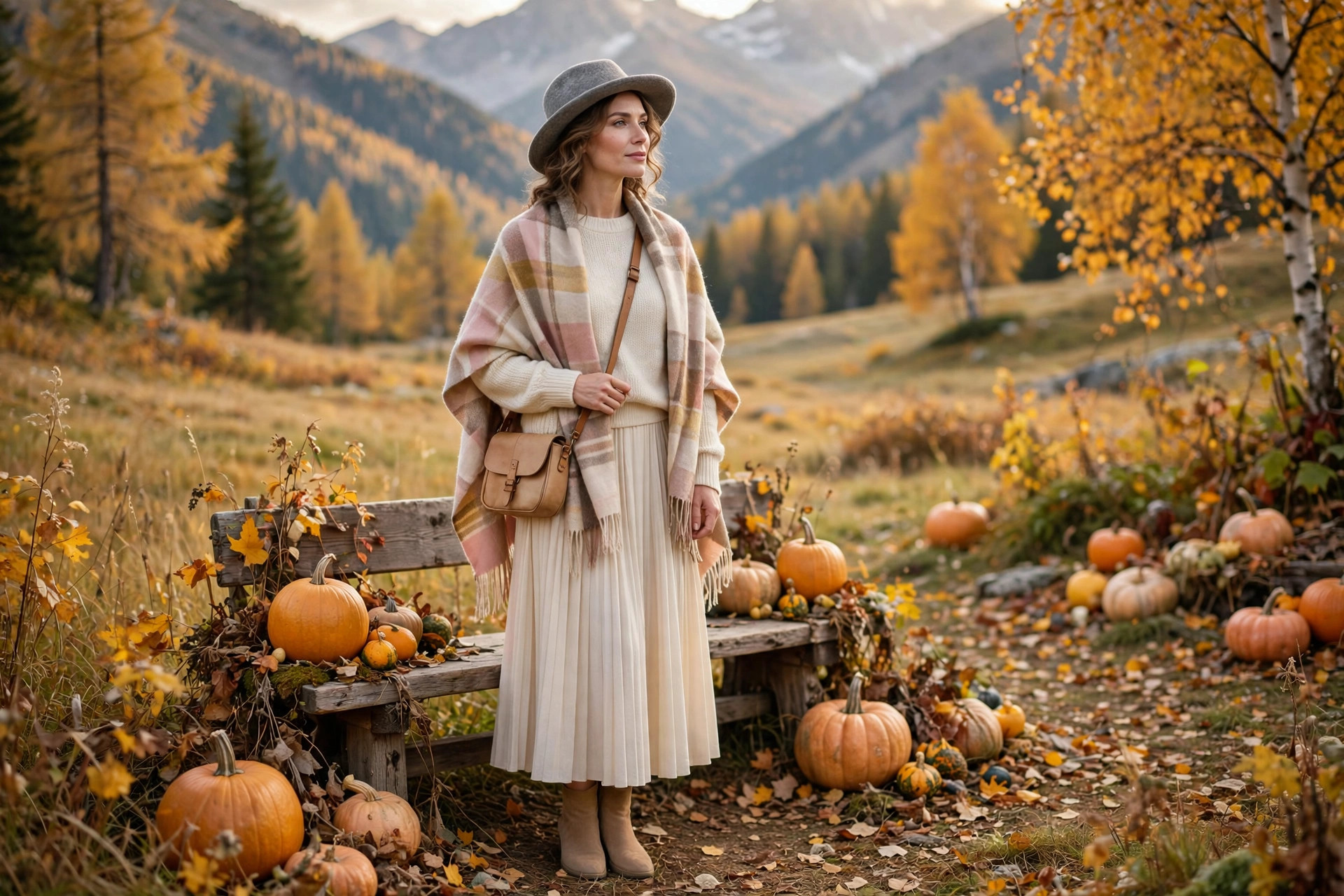 Woman with felt hat, plaid shawl and leather bag, accessories for a modern Oktoberfest inspired outfit