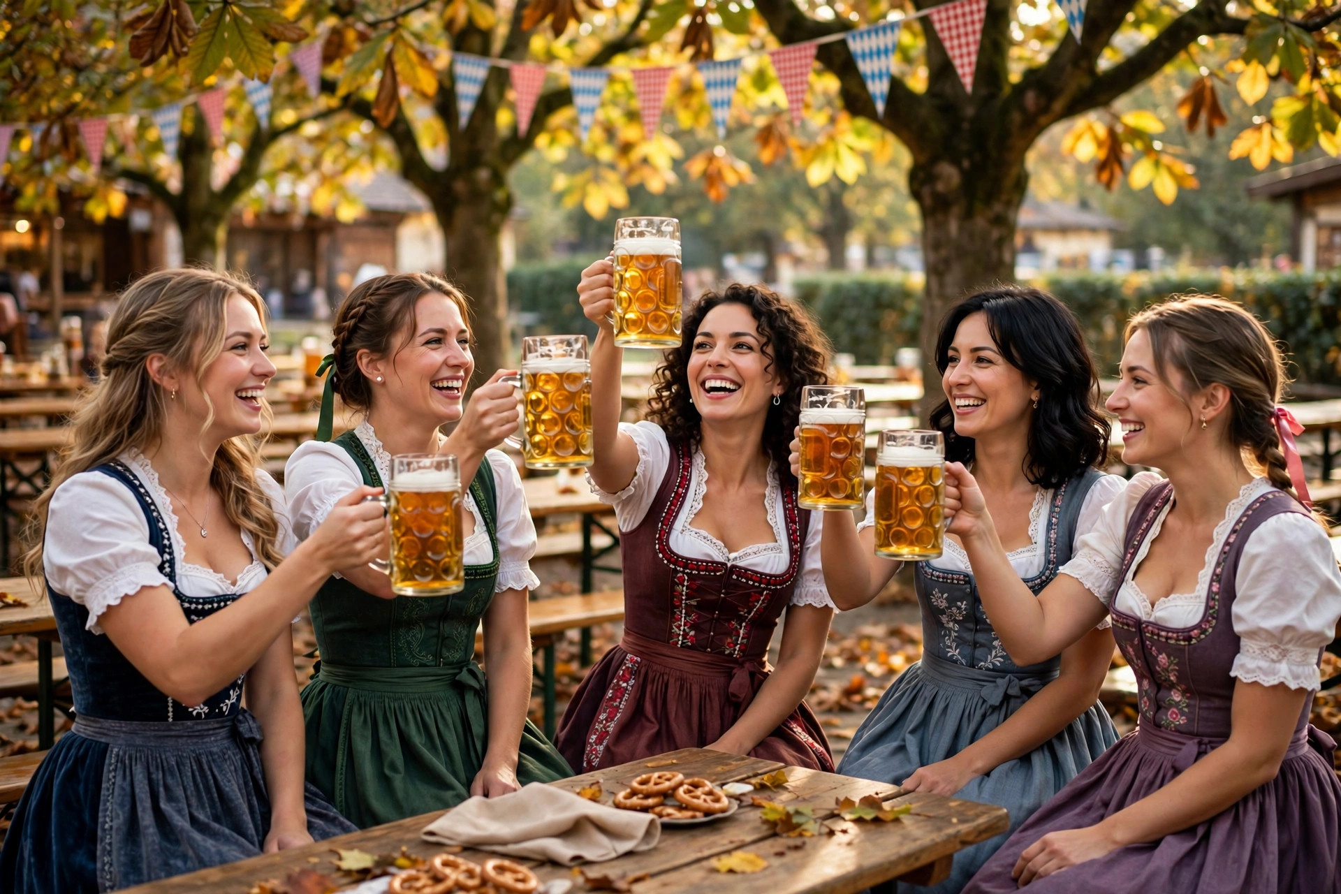 Women in traditional dirndls laughing inside a festive Oktoberfest beer tent