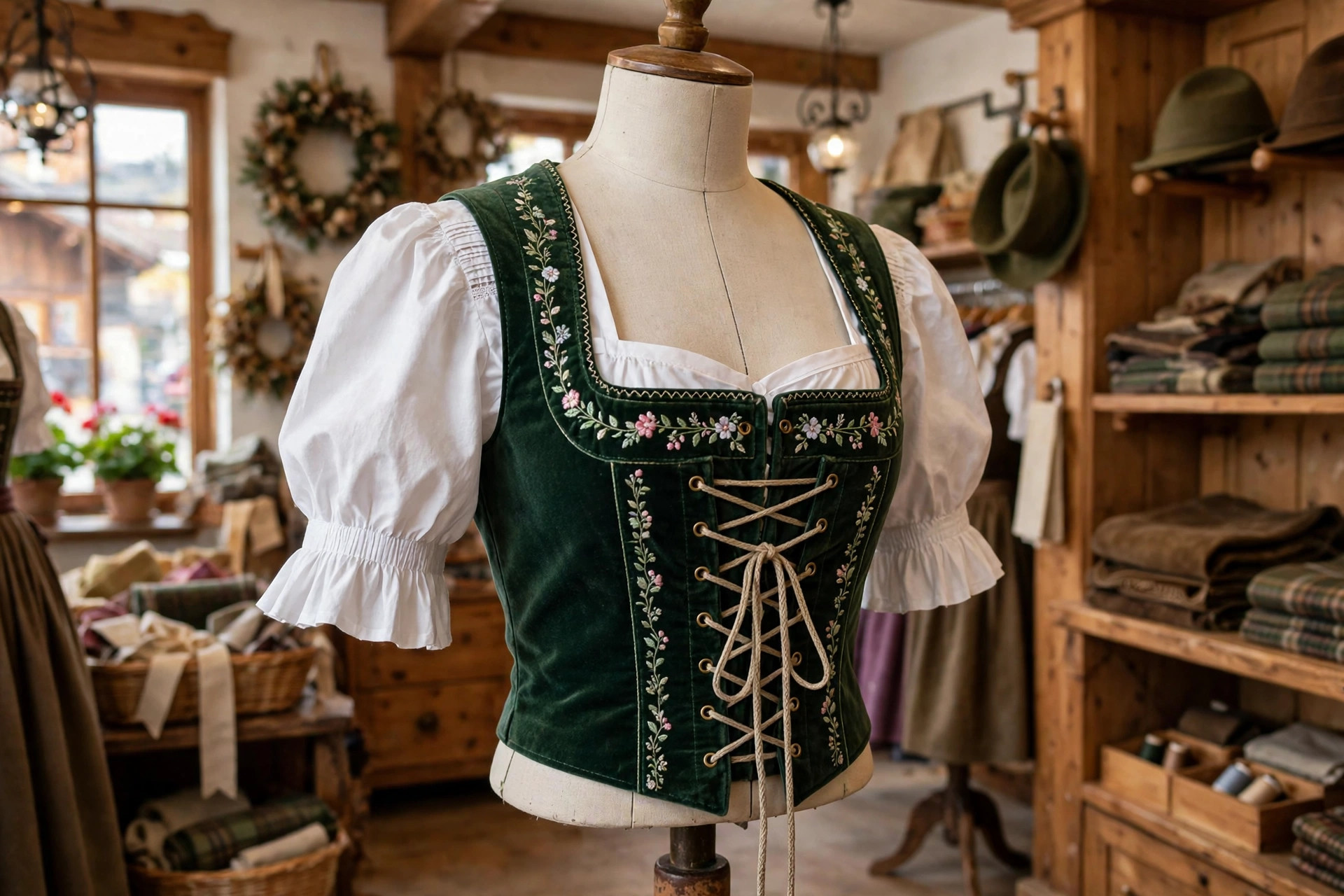 Close detail of a quality traditional dirndl bodice with embroidery