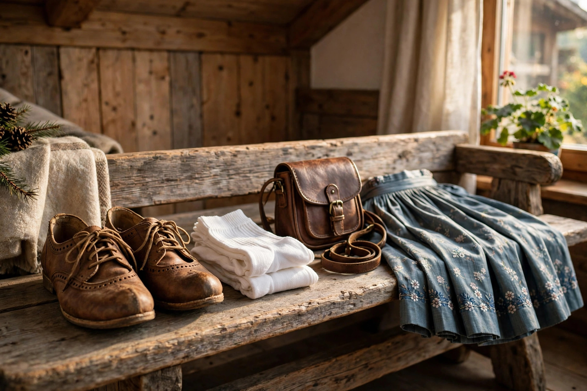 Traditional haferl shoes and dirndl accessories arranged on a wooden bench
