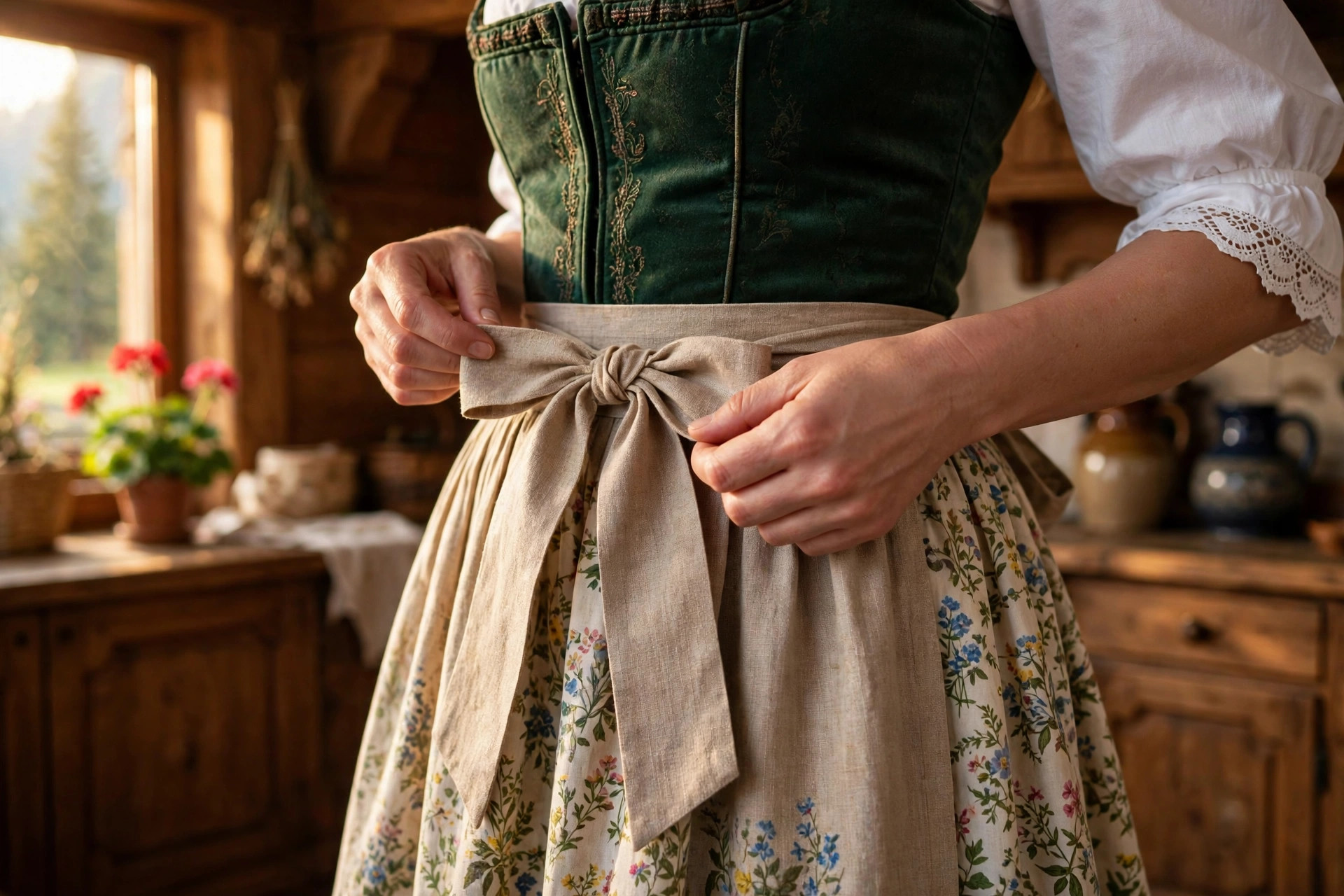 Detail of a dirndl apron bow tied at the waist