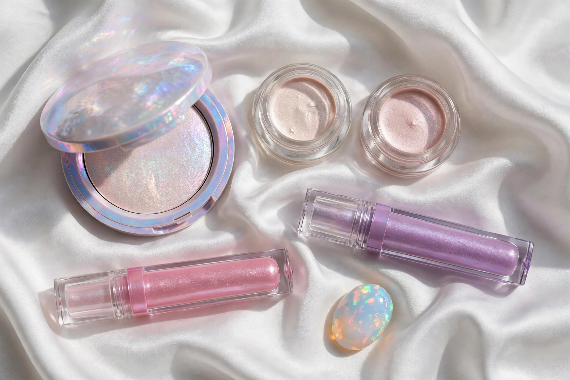 Flat-lay of iridescent makeup products including opalescent highlighter, pearly cream eyeshadows and shimmer lip gloss in pink and lilac tones, wide horizontal 3:2 composition, no text or words in the image
