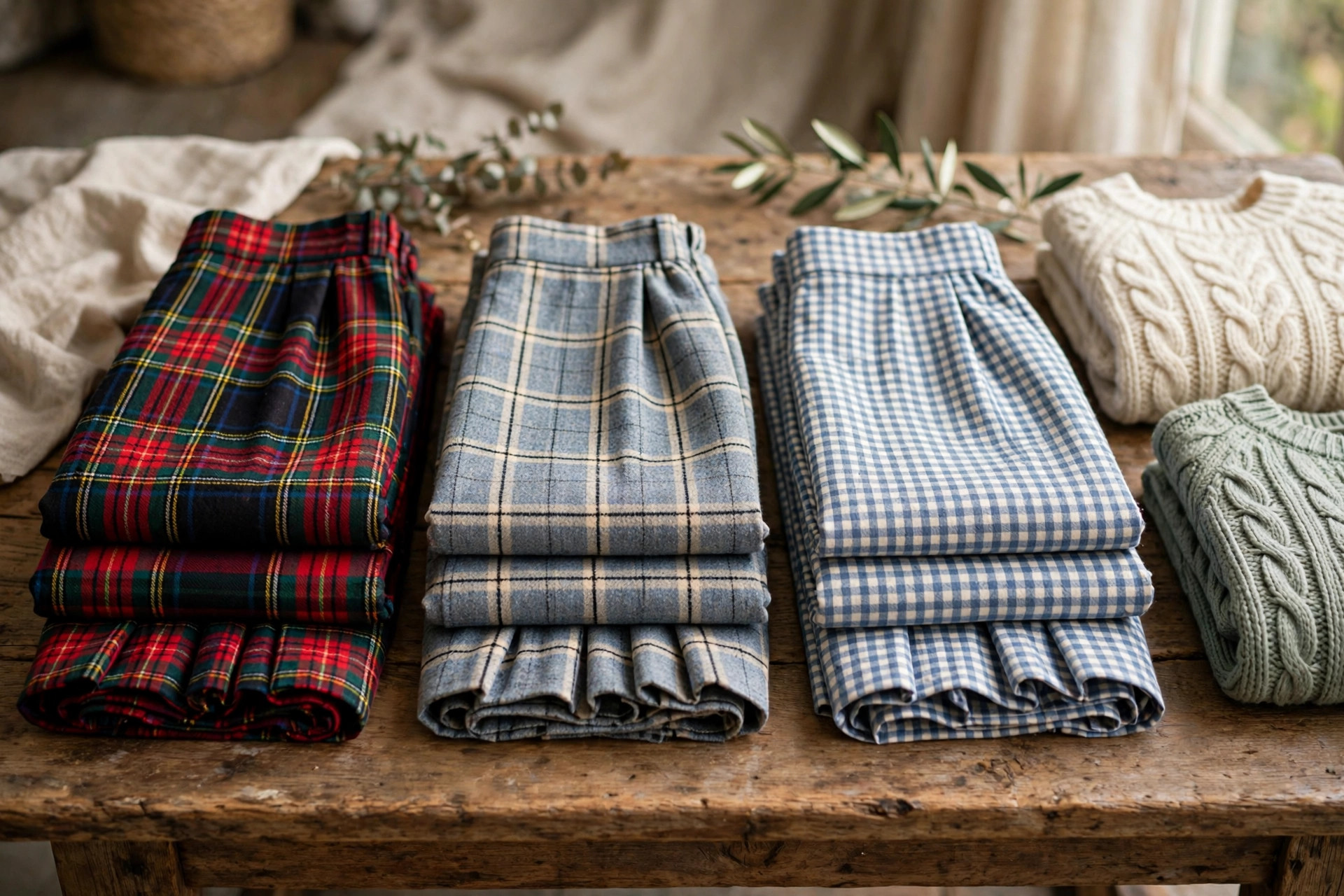 Photorealistic image of folded plaid midi skirts in tartan, windowpane and gingham patterns stacked on a wooden table beside knit jumpers, wide horizontal composition, no text or words in the image.