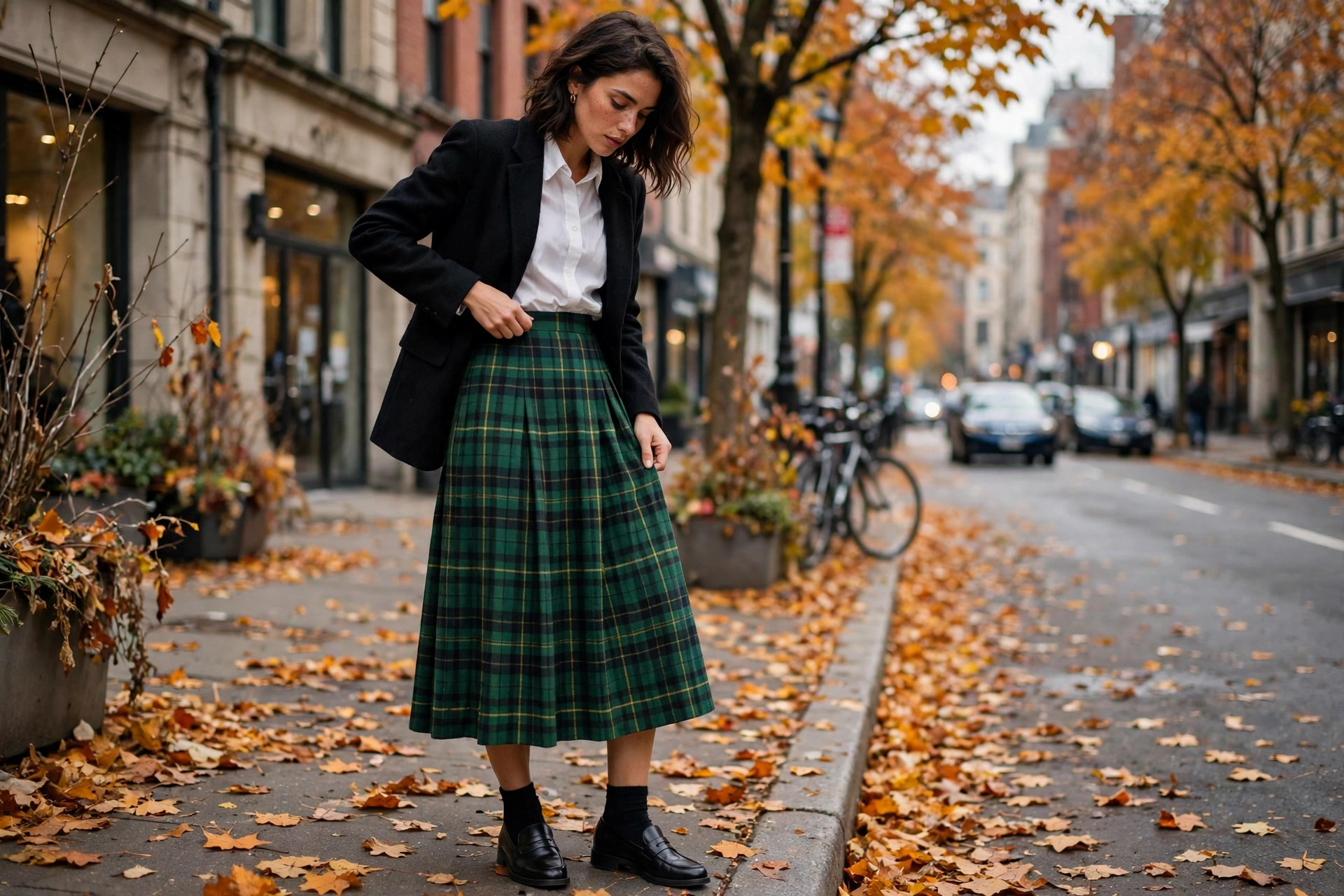 Photorealistic image of a woman styling a green tartan midi skirt with a black blazer, white shirt and loafers on a city street in autumn, wide horizontal composition, no text or words in the image.