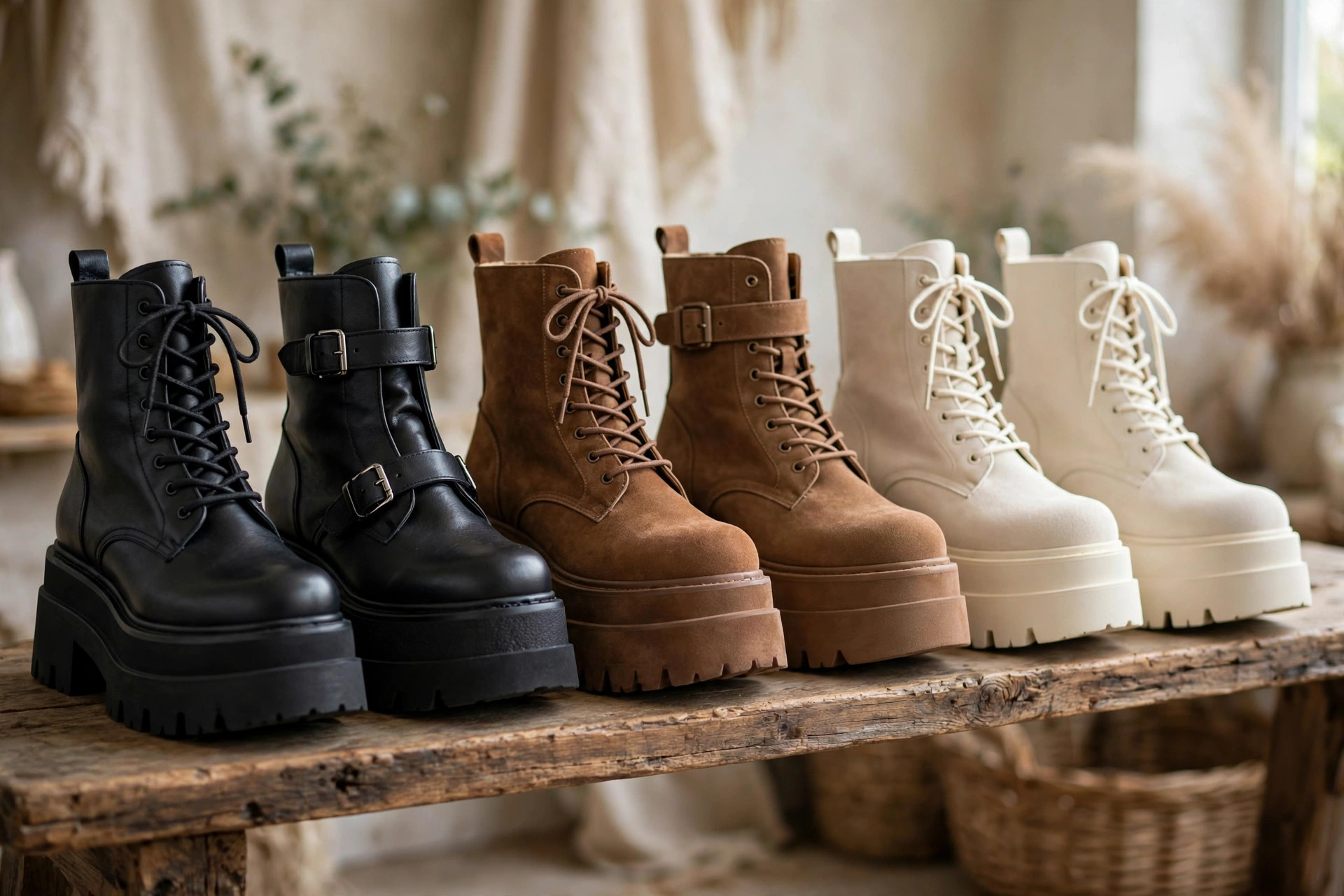 Photorealistic image of a lineup of platform boots in black leather, brown suede and cream styles on a wooden shelf, wide horizontal composition, no text or words in the image.