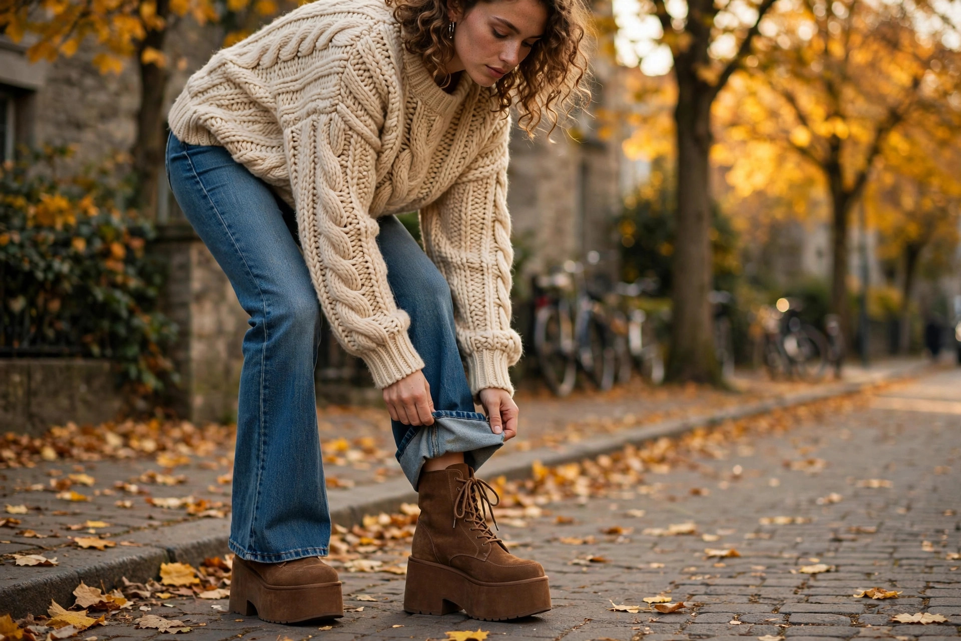 Photorealistic image of a woman styling brown suede platform boots with flared jeans and a chunky knit jumper in golden autumn light, wide horizontal composition, no text or words in the image.