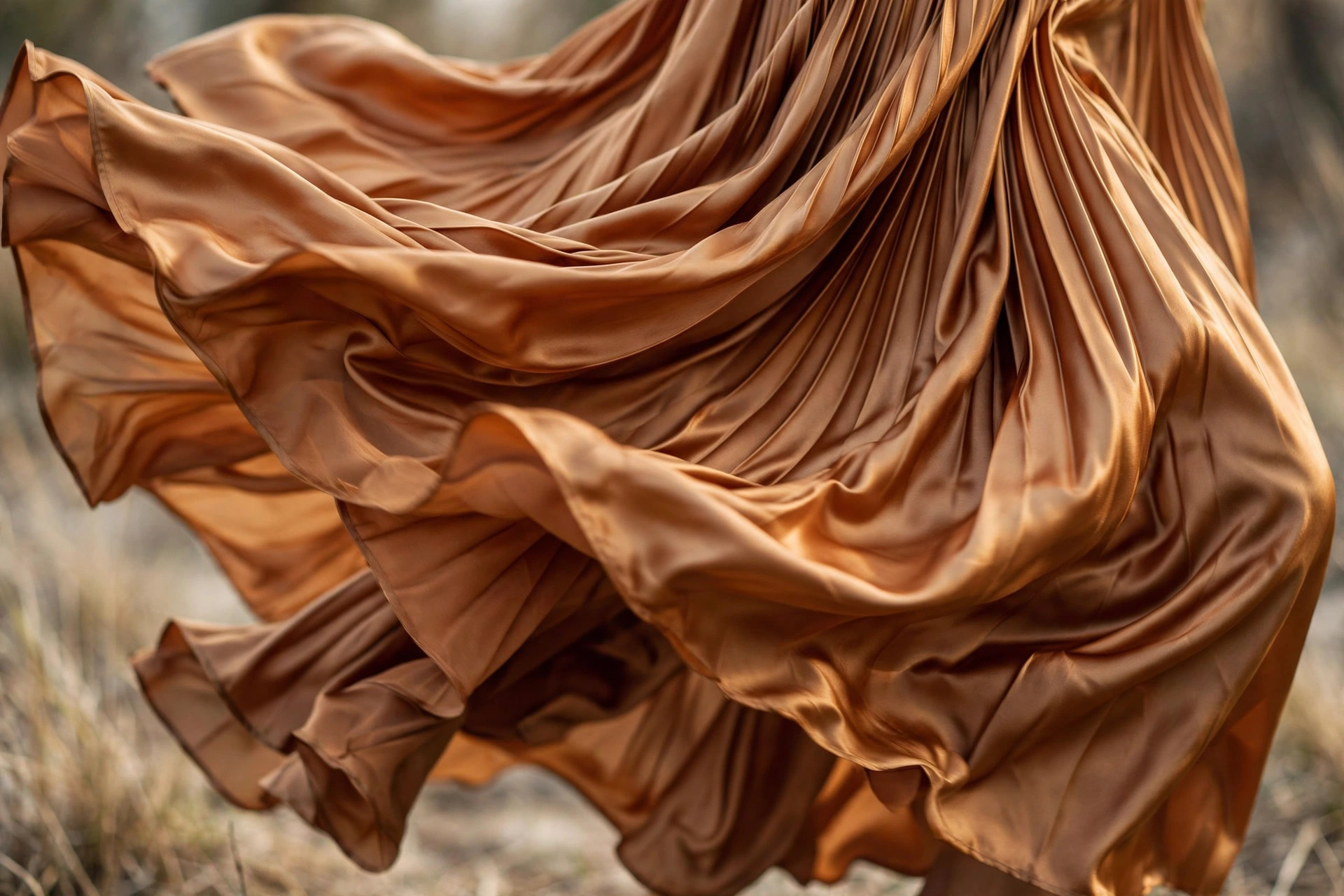 Photorealistic detail shot of a pleated satin skirt in warm caramel tones swirling in motion, wide horizontal 3:2 composition, no text or words in the image.