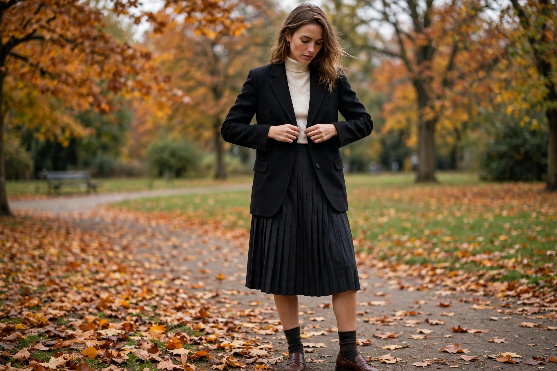 Photorealistic image of a woman styling a dark pleated skirt with a tailored blazer and loafers in an autumn park, wide horizontal 3:2 composition, no text or words in the image.
