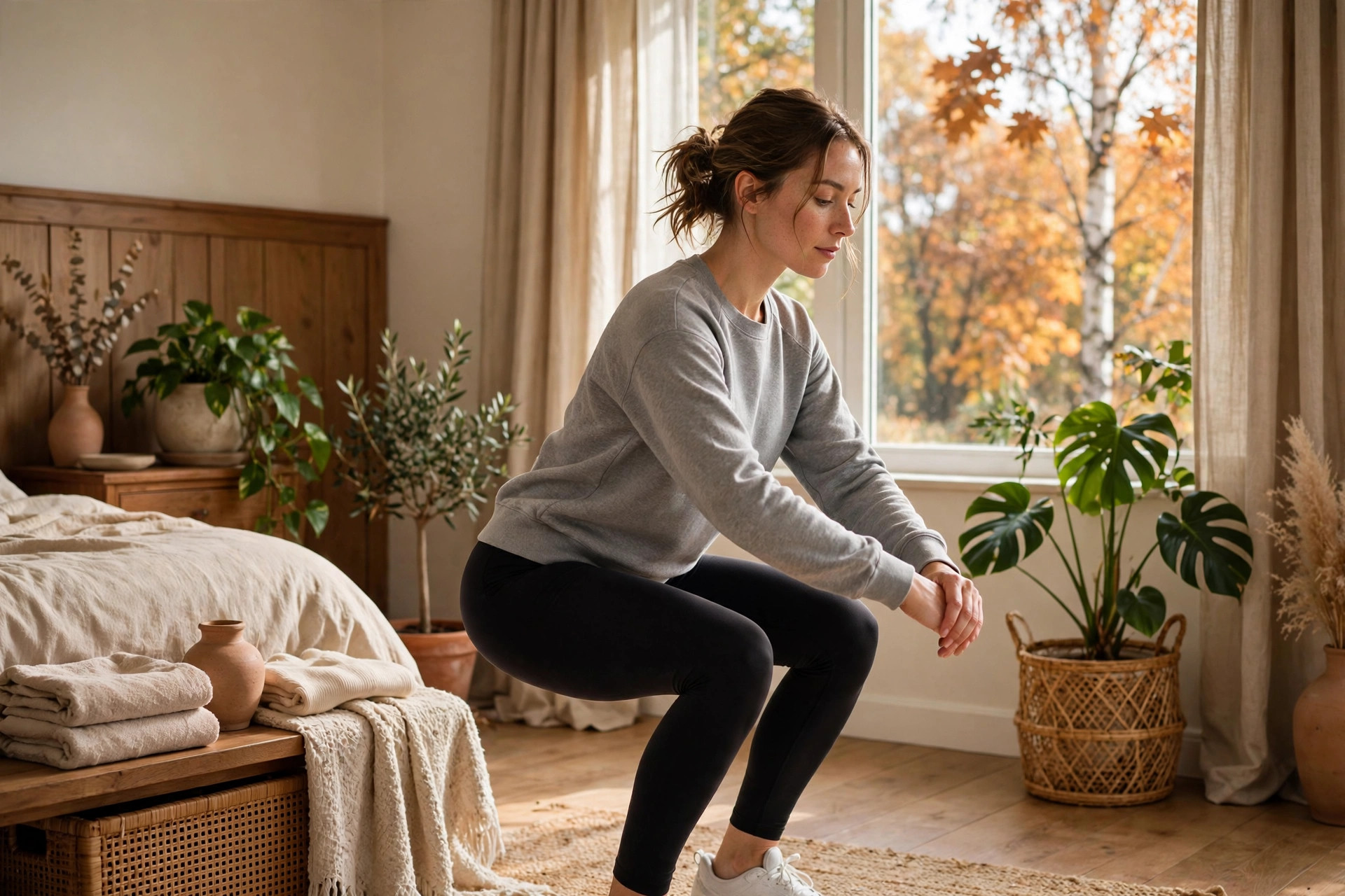 Photorealistic woman doing gentle bodyweight squats in a sunlit bedroom with autumn trees visible through the window, calm focused expression, plants and warm neutral decor, wide horizontal 3:2 composition, no text or words in the image