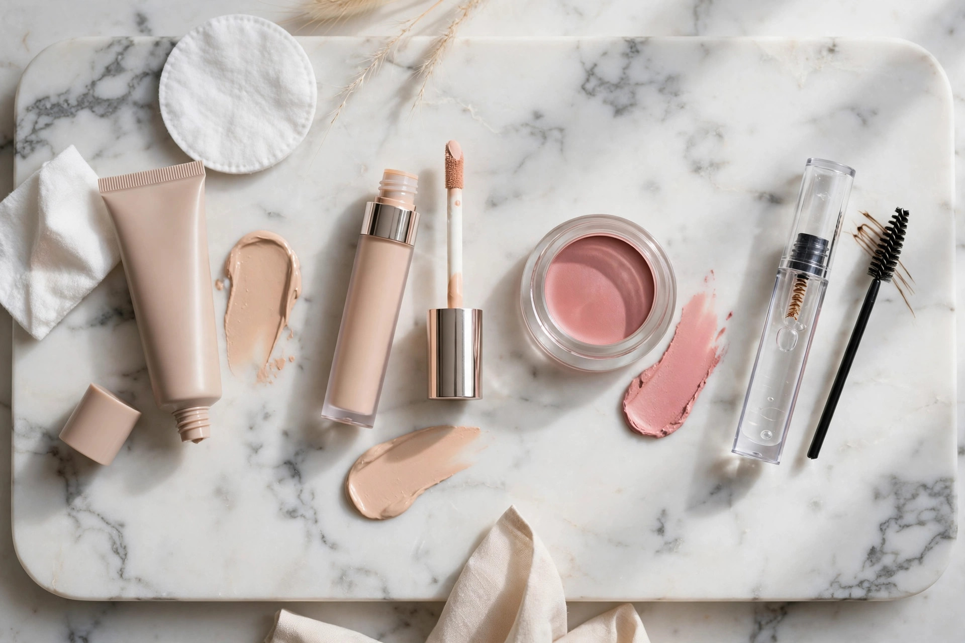 Photorealistic flat lay of lightweight skin-first makeup products including tinted moisturiser, concealer, cream blush and brow gel on a white marble tray, wide horizontal composition, no text or words in the image.