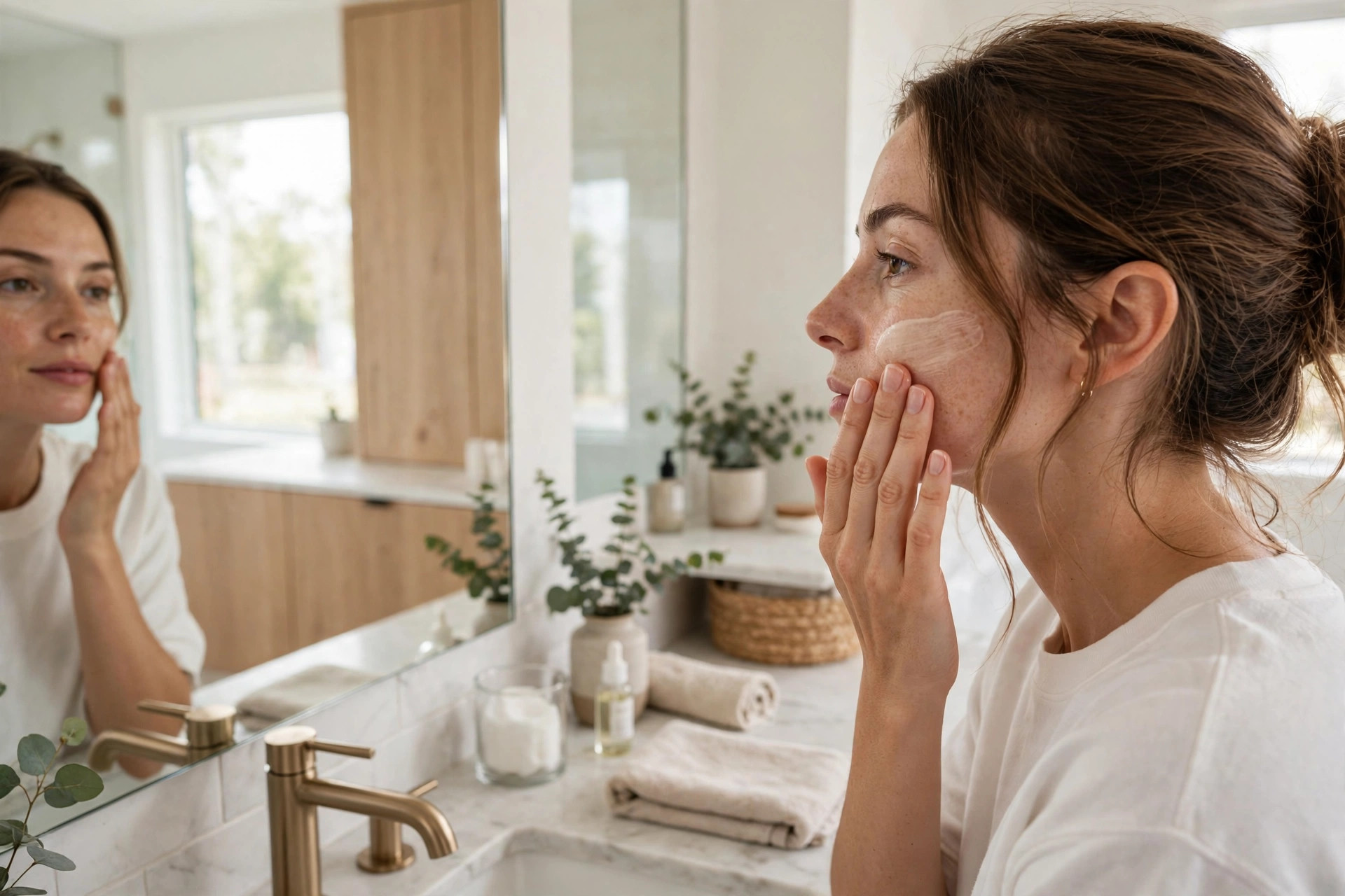 Photorealistic view of a woman blending tinted moisturiser onto her cheek with clean fingertips in front of a bright bathroom mirror, wide horizontal composition, no text or words in the image.