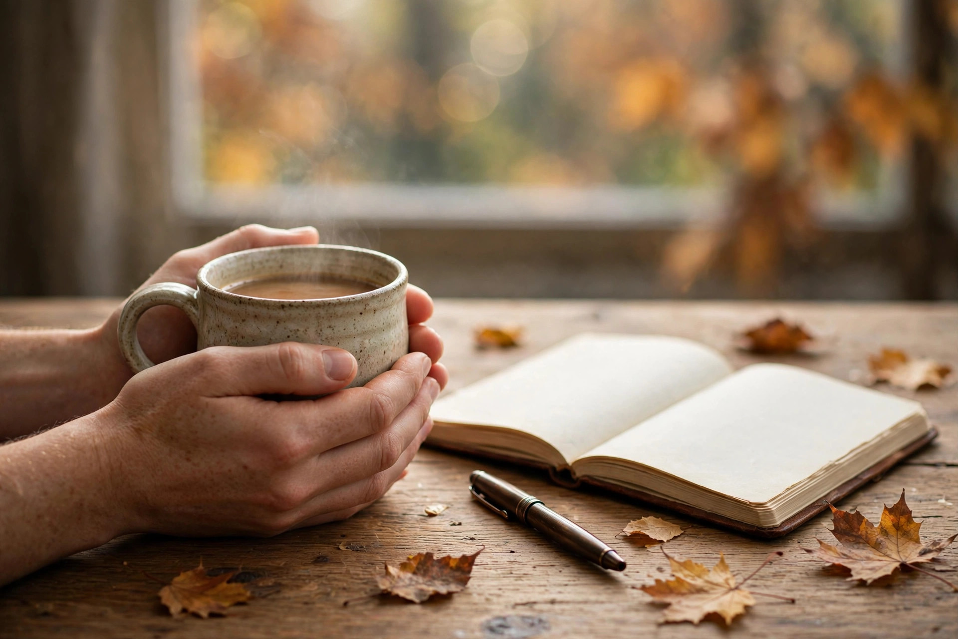 Photorealistic slow autumn morning scene with hands cradling a ceramic mug of coffee beside an open journal and a fountain pen on a wooden table, soft window light and blurred fall foliage, wide horizontal 3:2 composition, no text or words in the image