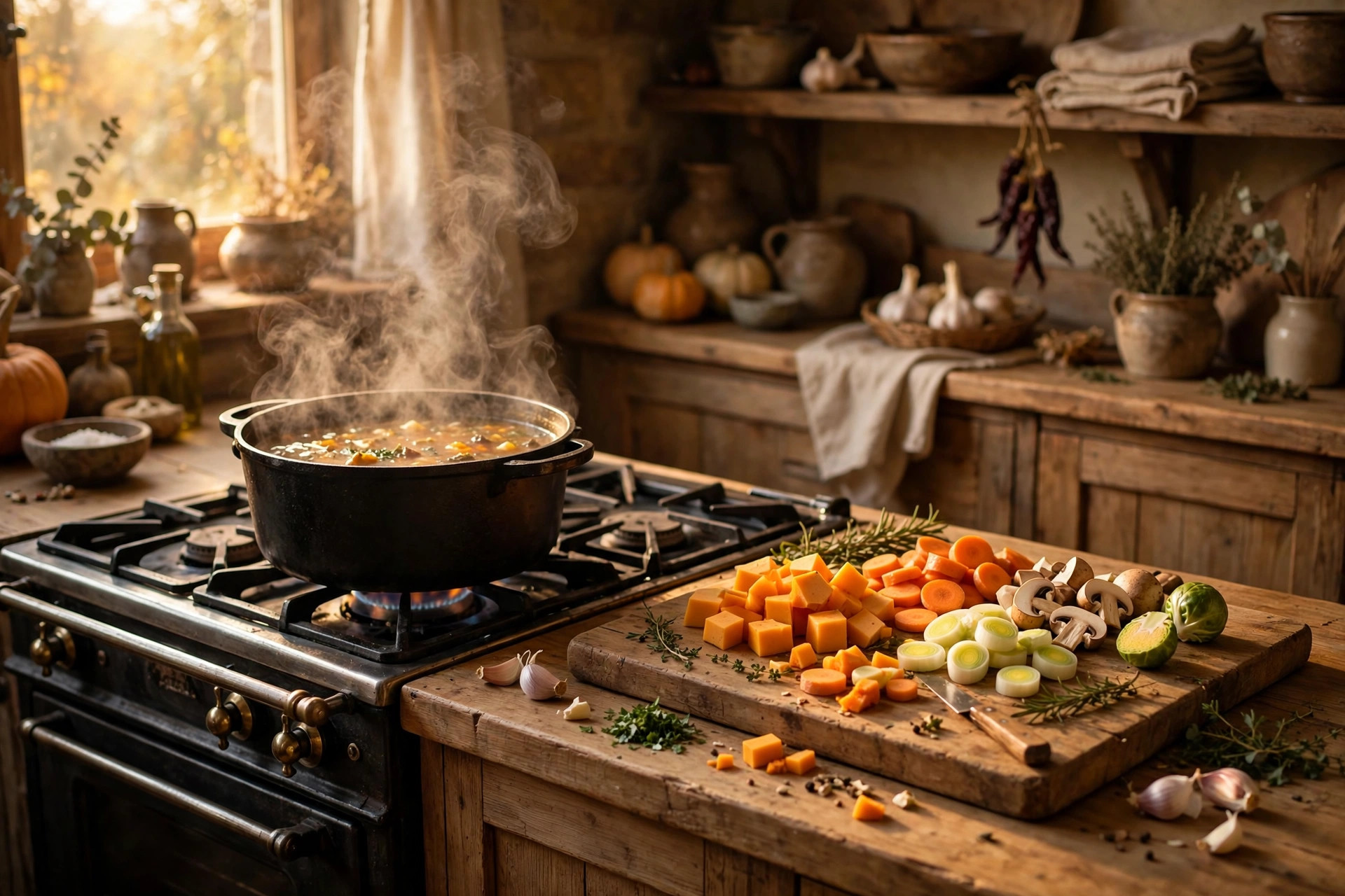 Photorealistic cosy kitchen with a simmering pot of soup on the stove, chopped autumn vegetables on a wooden board, steam rising in warm golden light, rustic and calm, wide horizontal 3:2 composition, no text or words in the image