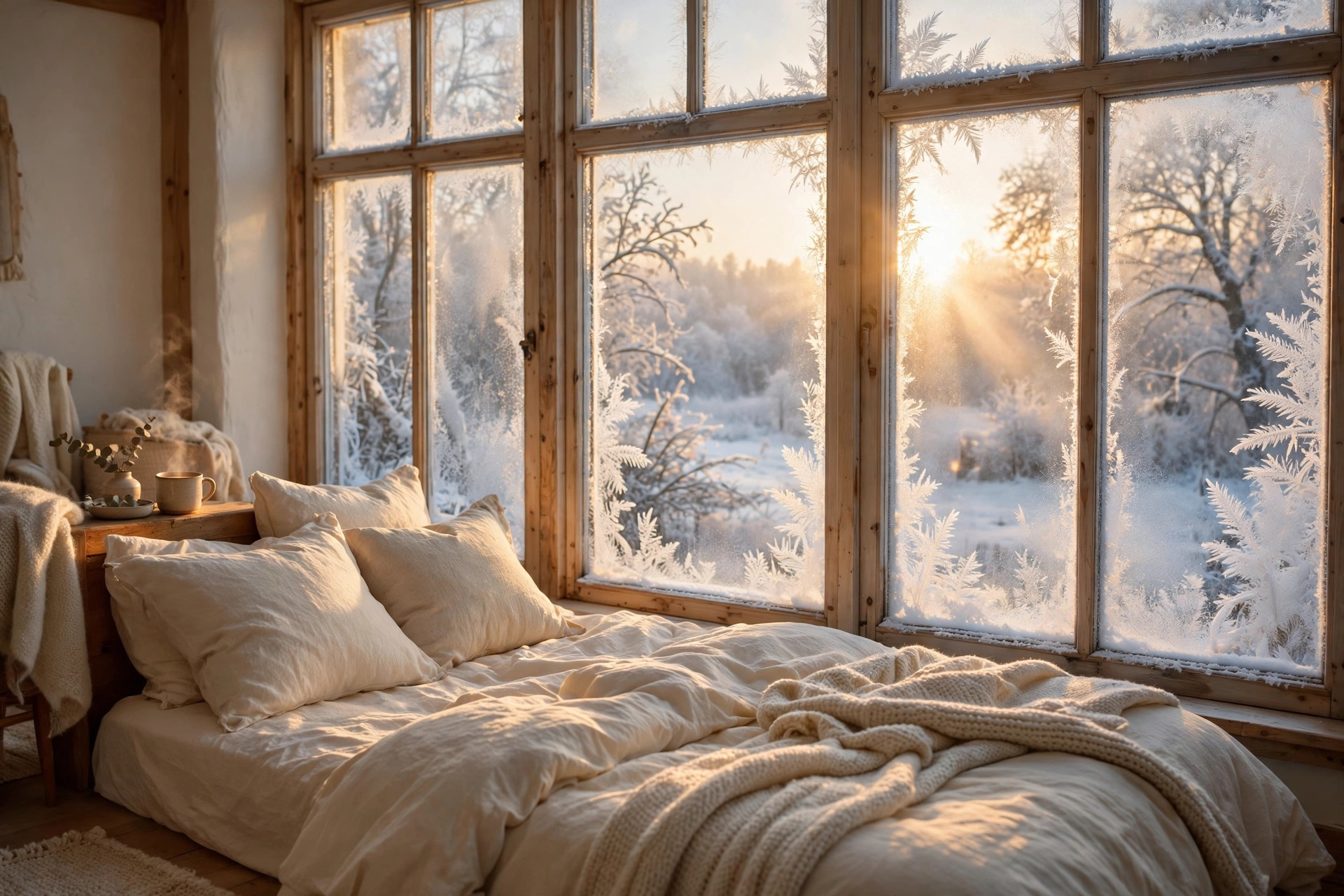 Woman in cosy knitwear holding a warm mug by a frosty window on a winter Sunday morning