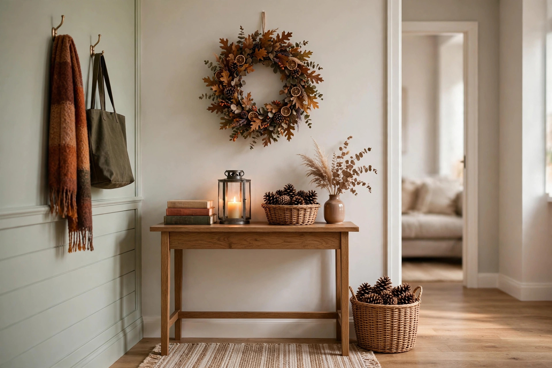 Charming apartment entryway with a small console table styled with a fall wreath, stacked books, a candle lantern and a basket of pinecones, wide horizontal 3:2 composition, no text or words in the image