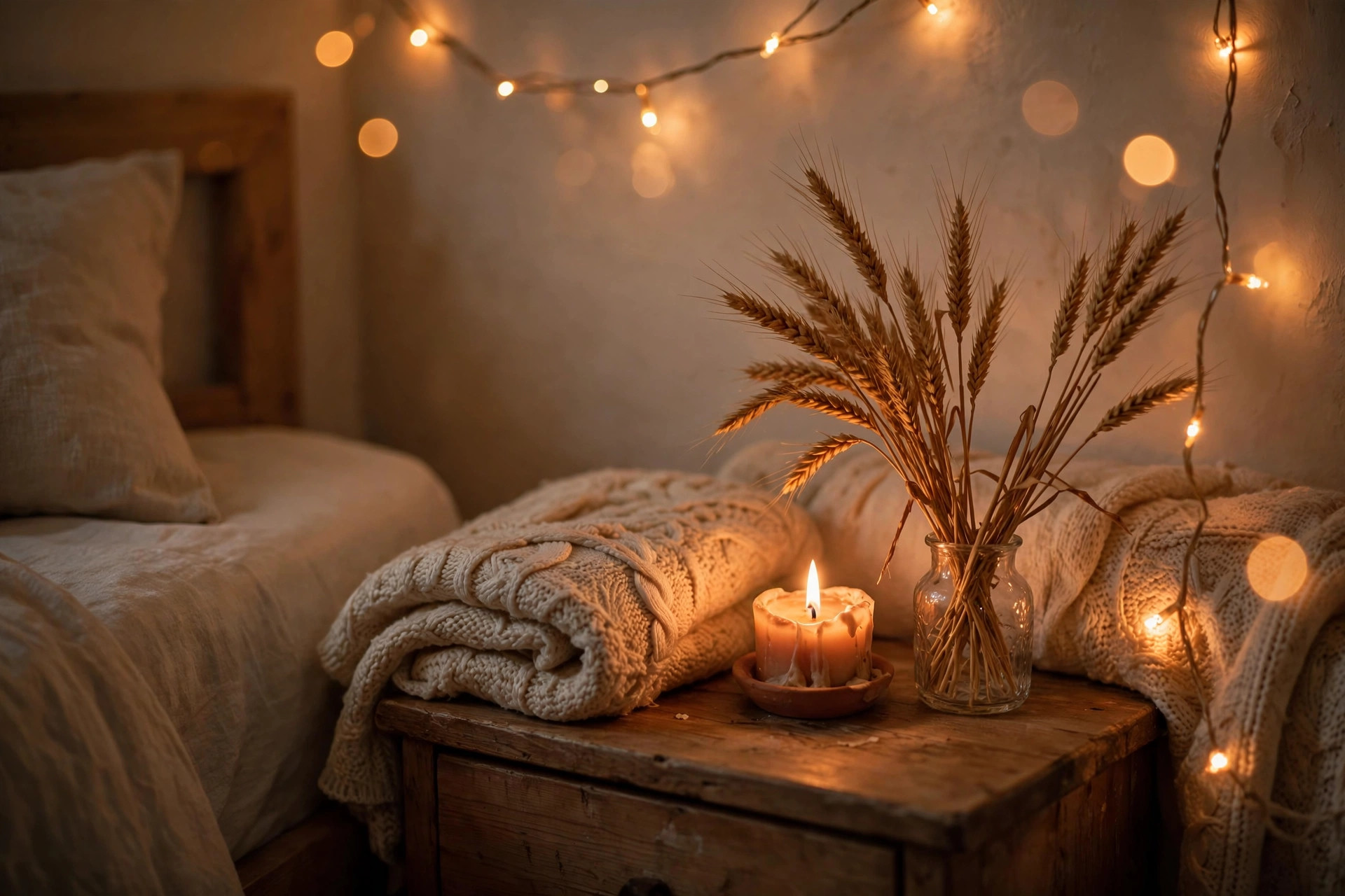 Warm bedside vignette in a small bedroom with a knit throw, a glowing candle, dried wheat in a small vase and amber fairy lights, wide horizontal 3:2 composition, no text or words in the image