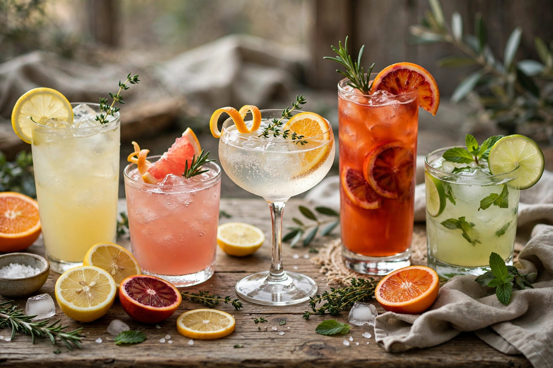 Elegant non-alcoholic drinks and mocktails with citrus garnish arranged on a rustic wooden table, wide horizontal 3:2 composition, no text or words in the image