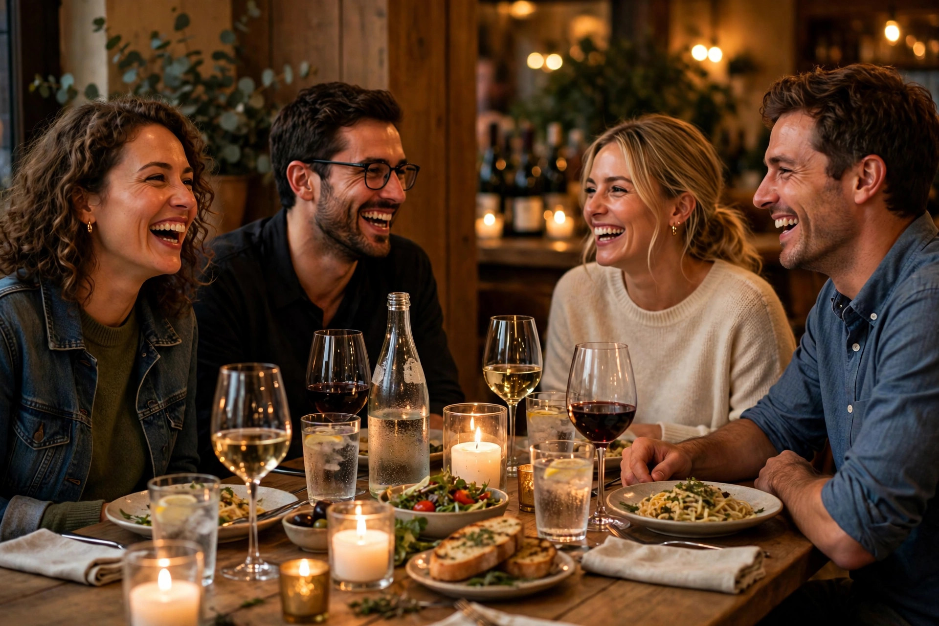 Friends laughing together over dinner with wine glasses and sparkling water on the table in warm candlelight, wide horizontal 3:2 composition, no text or words in the image