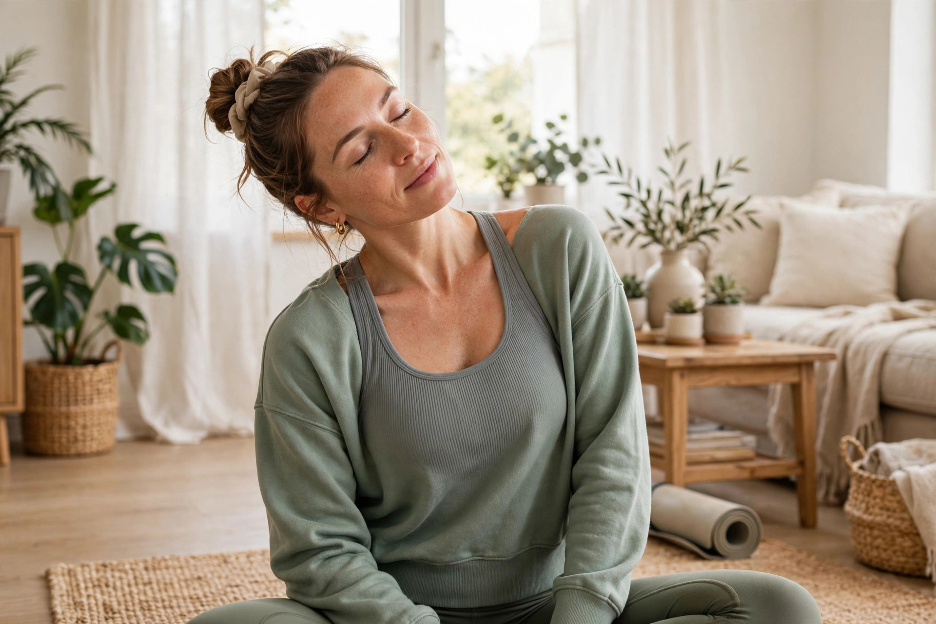 A woman doing slow shoulder rolls and gentle neck stretches at home, eyes closed, serene expression, bright airy room, wide horizontal 3:2 composition, no text or words in the image