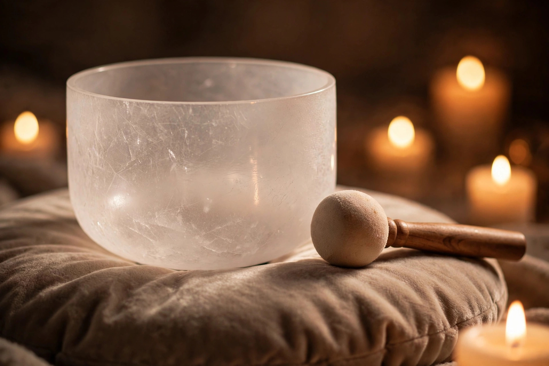 Close-up of a crystal singing bowl with a mallet resting beside it on a soft cushion, warm candlelight glow, serene detail, wide horizontal 3:2 composition, no text or words in the image
