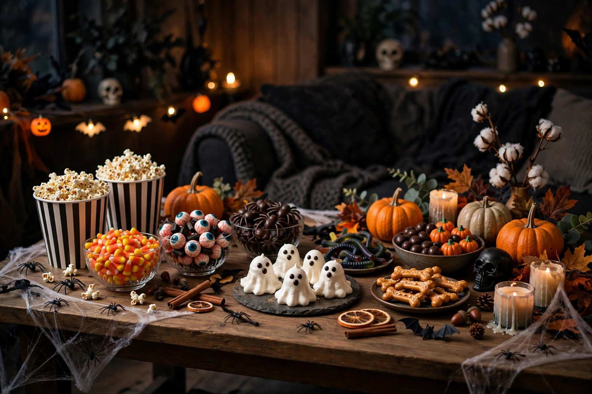 Spooky movie night snack table with themed treats, popcorn buckets, candy bowls and Halloween decorations