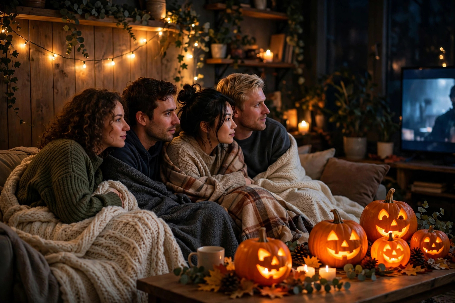 Friends snuggled under blankets watching a film in a dark living room lit by fairy lights and glowing pumpkins