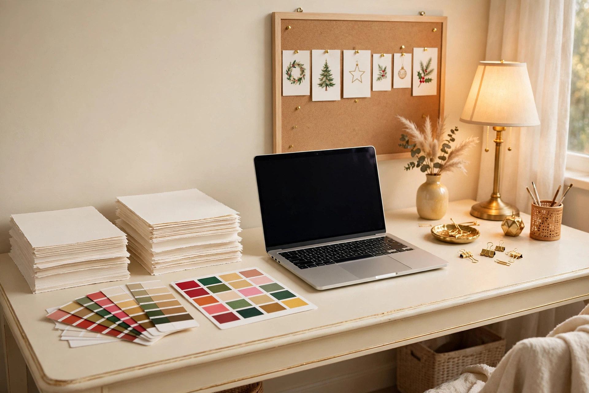 Starting a print business before Christmas 2026 with festive art prints on desk