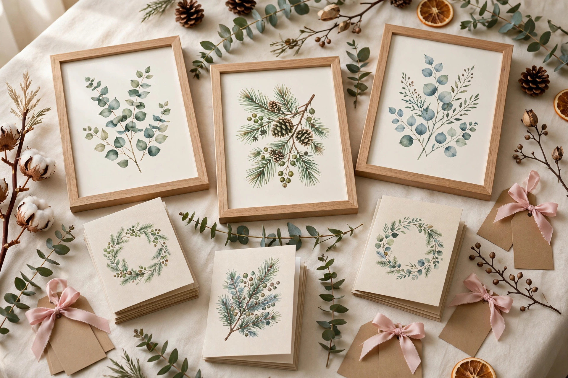 Christmas print products for new business including art prints cards and gift tags
