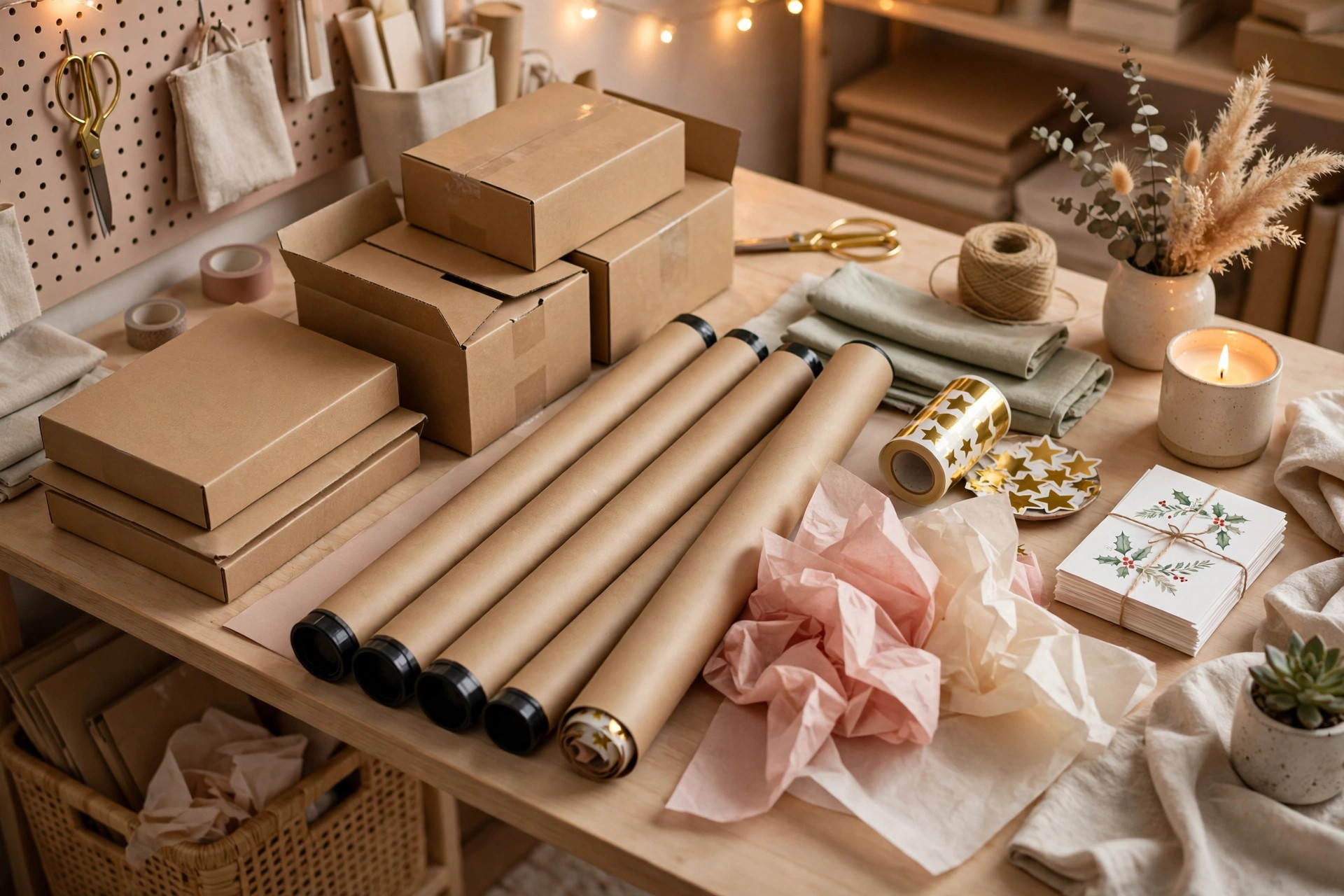 Print on demand workspace for Christmas business with packaging and festive prints