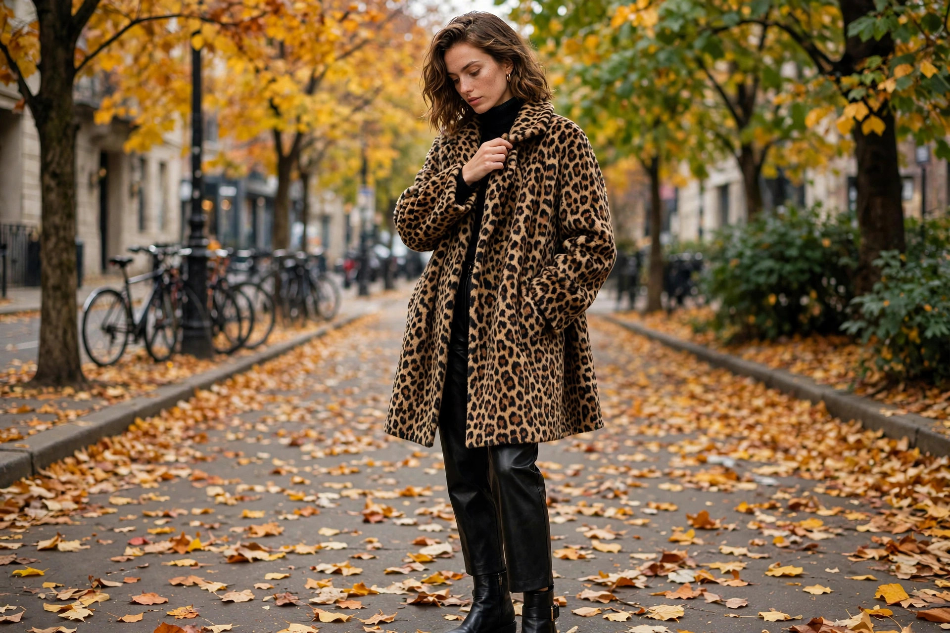 Photorealistic image of a woman styling a leopard print statement coat with a black turtleneck, leather trousers and ankle boots on a leafy autumn pavement, wide horizontal composition, no text or words in the image.