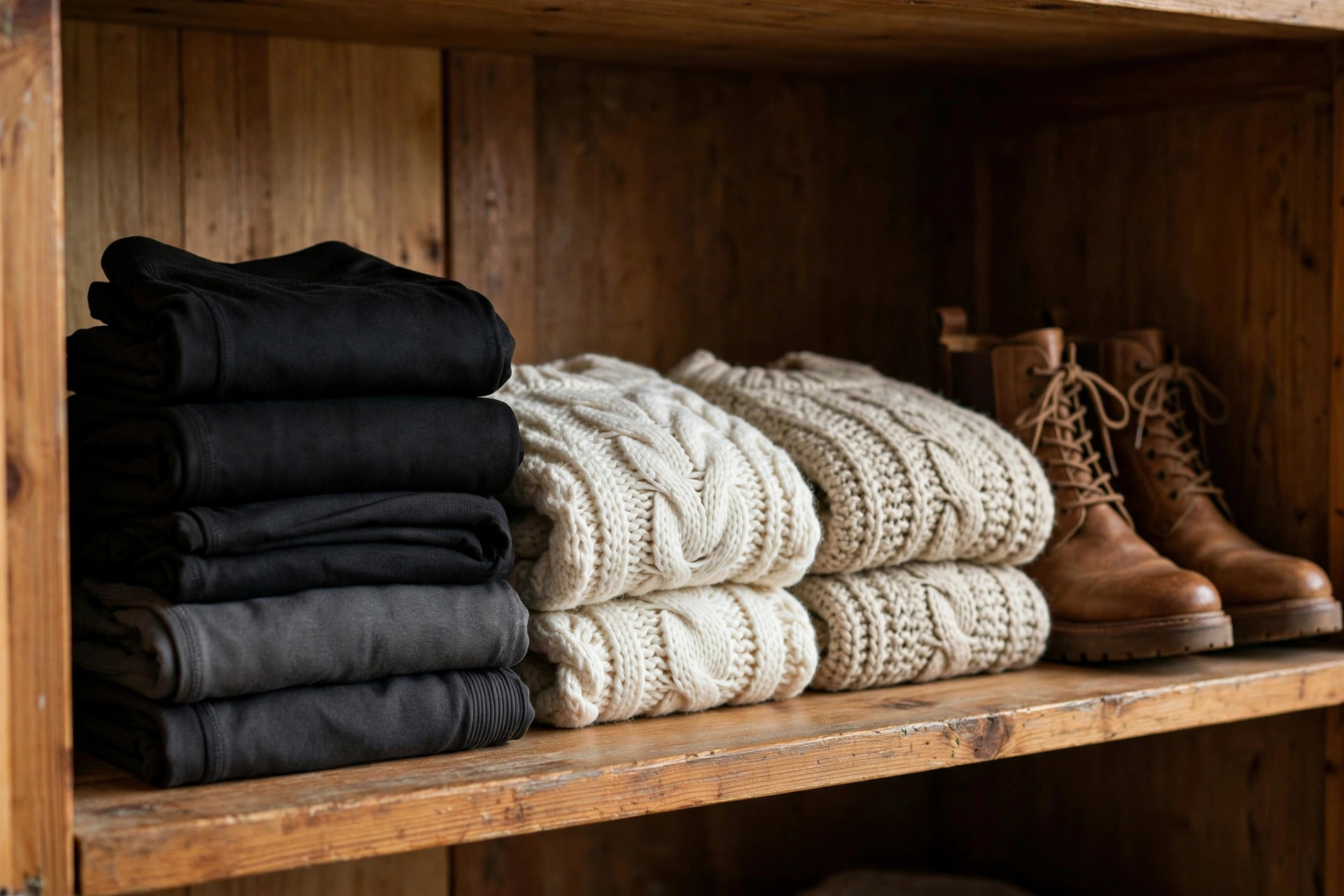 Photorealistic image of neatly folded black and charcoal leggings stacked on a wooden wardrobe shelf beside chunky knit jumpers and leather ankle boots, wide horizontal 3:2 composition, no text or words in the image