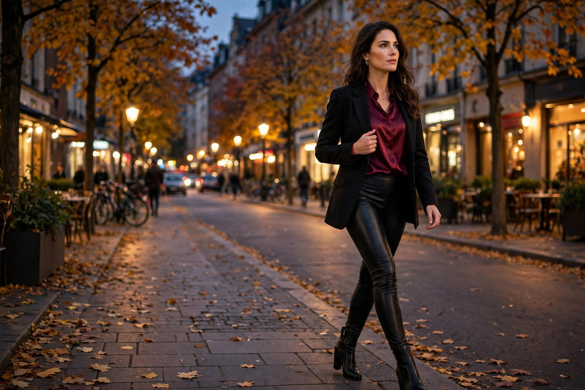 Photorealistic image of a woman styling black faux-leather leggings with a burgundy satin blouse, tailored blazer and heeled boots on an autumn evening city street, wide horizontal 3:2 composition, no text or words in the image