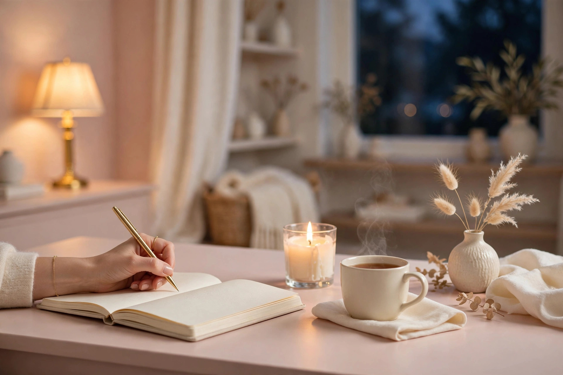 Woman writing in a journal at a cosy desk, sunday evening brain dump for monday anxiety