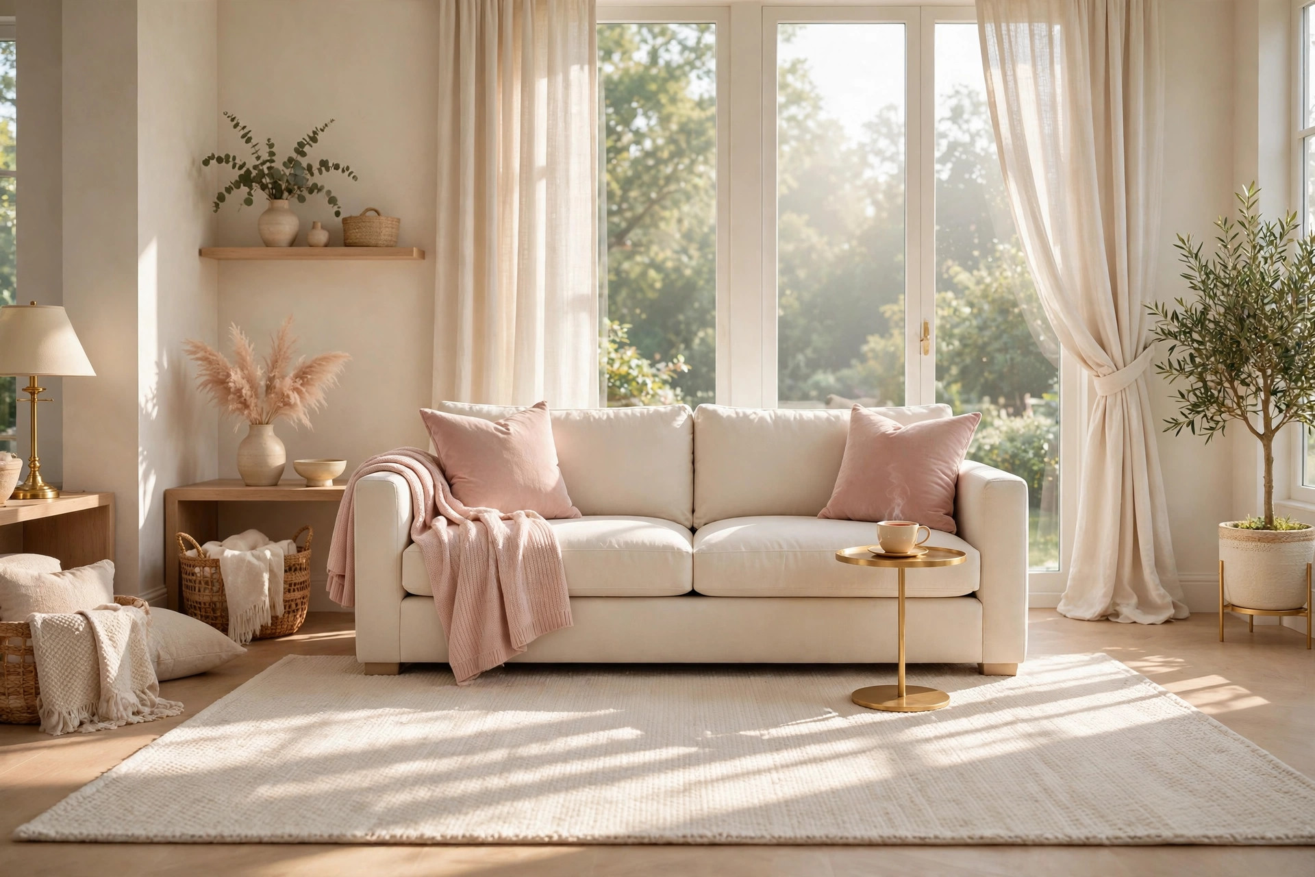 Calm tidy bedroom in soft Sunday morning light in blush and cream tones