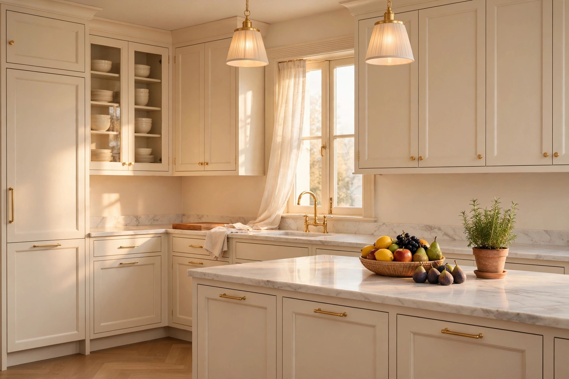 Tidy organised cream kitchen with a fresh fruit bowl in soft golden light