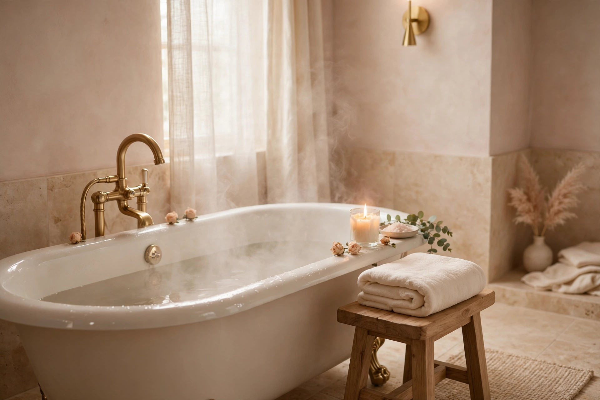 Cosy self-care bath moment with a lit candle and folded cream towel in blush tones