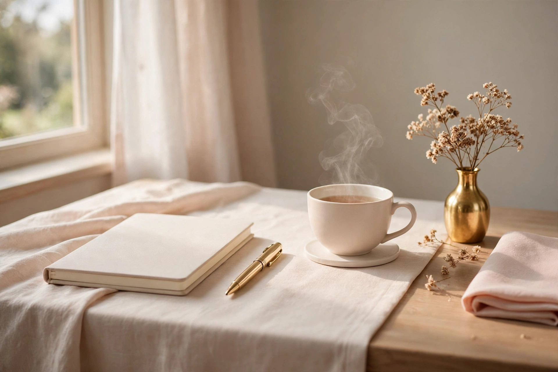 Organised desk with a planner, pen and a cup of tea in soft natural light
