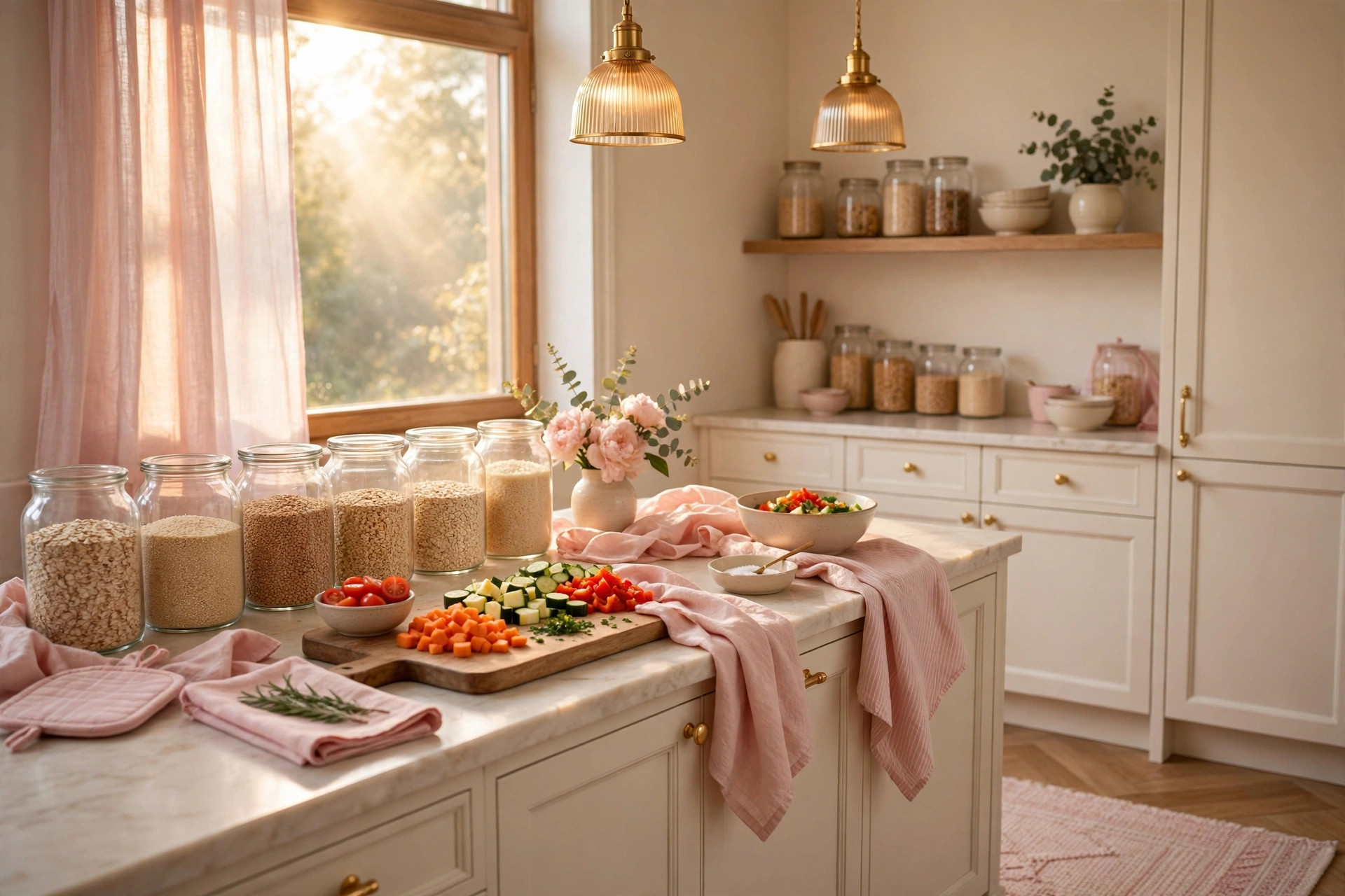 Cosy kitchen meal prep scene with glass jars of grains and chopped vegetables on a cream counter