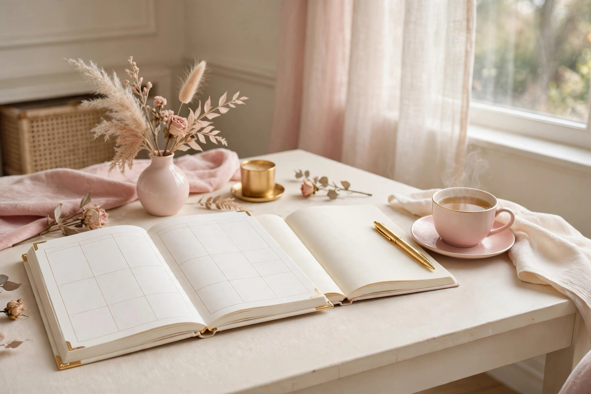 Open weekly planner and journal with a gold pen on a desk for Sunday reset weekly planning