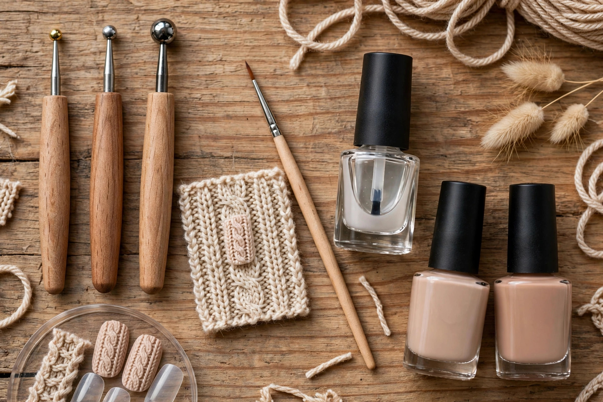 Photorealistic flat lay of nail art tools for sweater texture nails including dotting tools, a thin brush, matte top coat and nude polish bottles on a wooden table, wide horizontal composition, no text or words in the image.