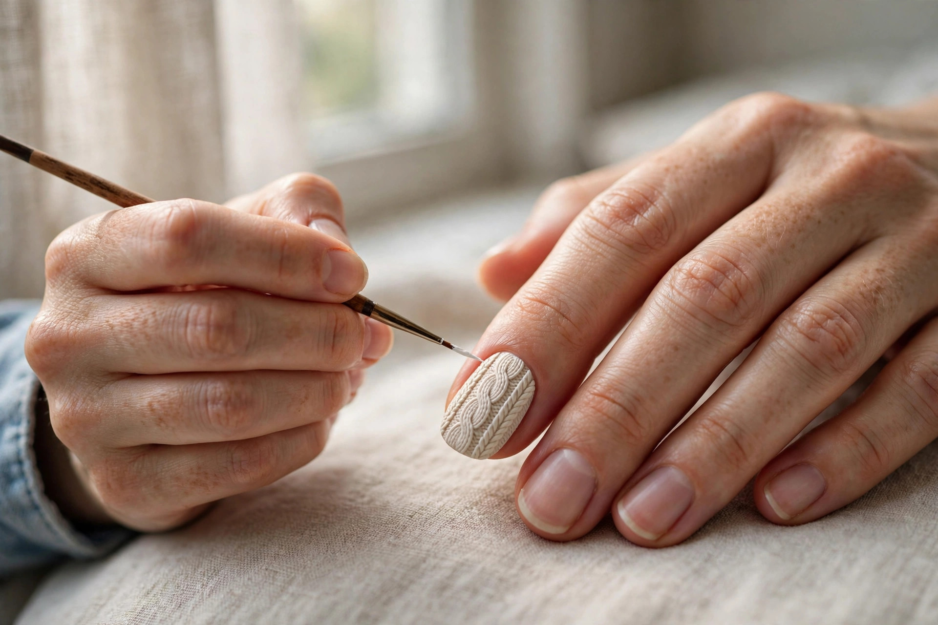 Photorealistic close-up of a hand painting a raised cable-knit pattern onto a fingernail with a thin nail art brush in soft window light, wide horizontal composition, no text or words in the image.