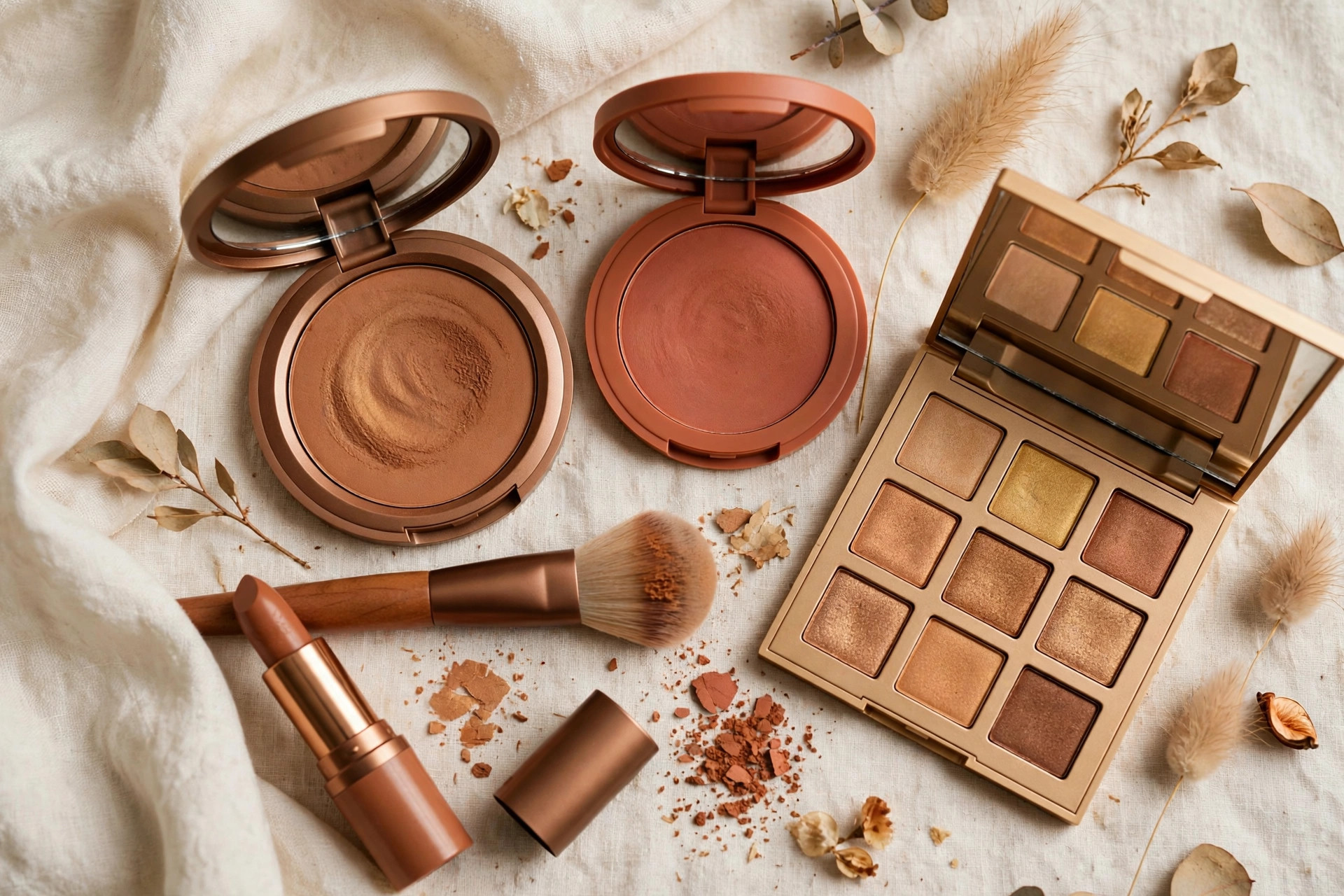 Photorealistic flat lay of warm bronze and caramel makeup products, bronzer, terracotta blush and golden eyeshadow palette on cream linen, wide horizontal 3:2 composition, no text or words in the image.