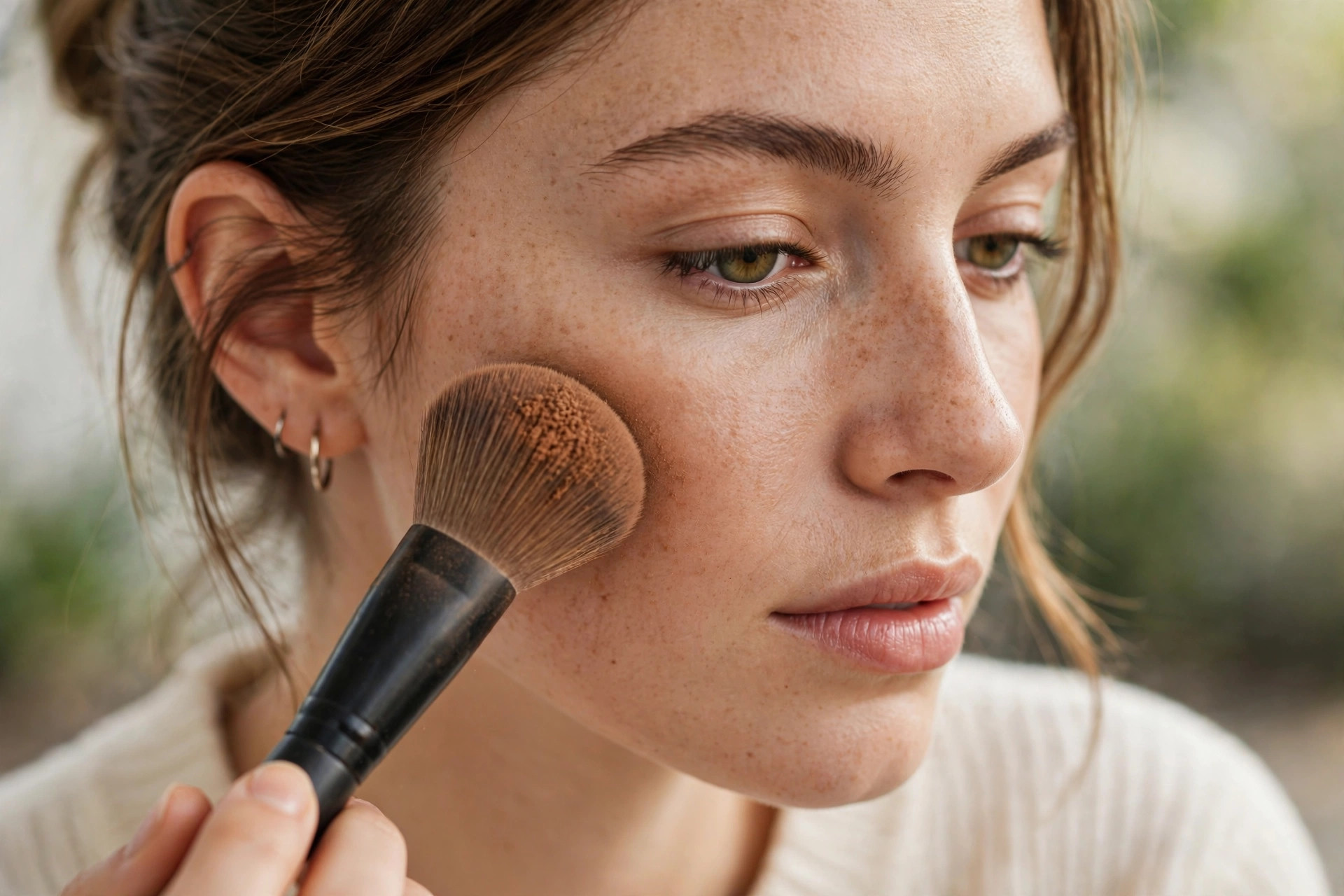 Photorealistic close-up of a woman applying bronzer to her cheekbones with a large fluffy brush in soft daylight, wide horizontal 3:2 composition, no text or words in the image.