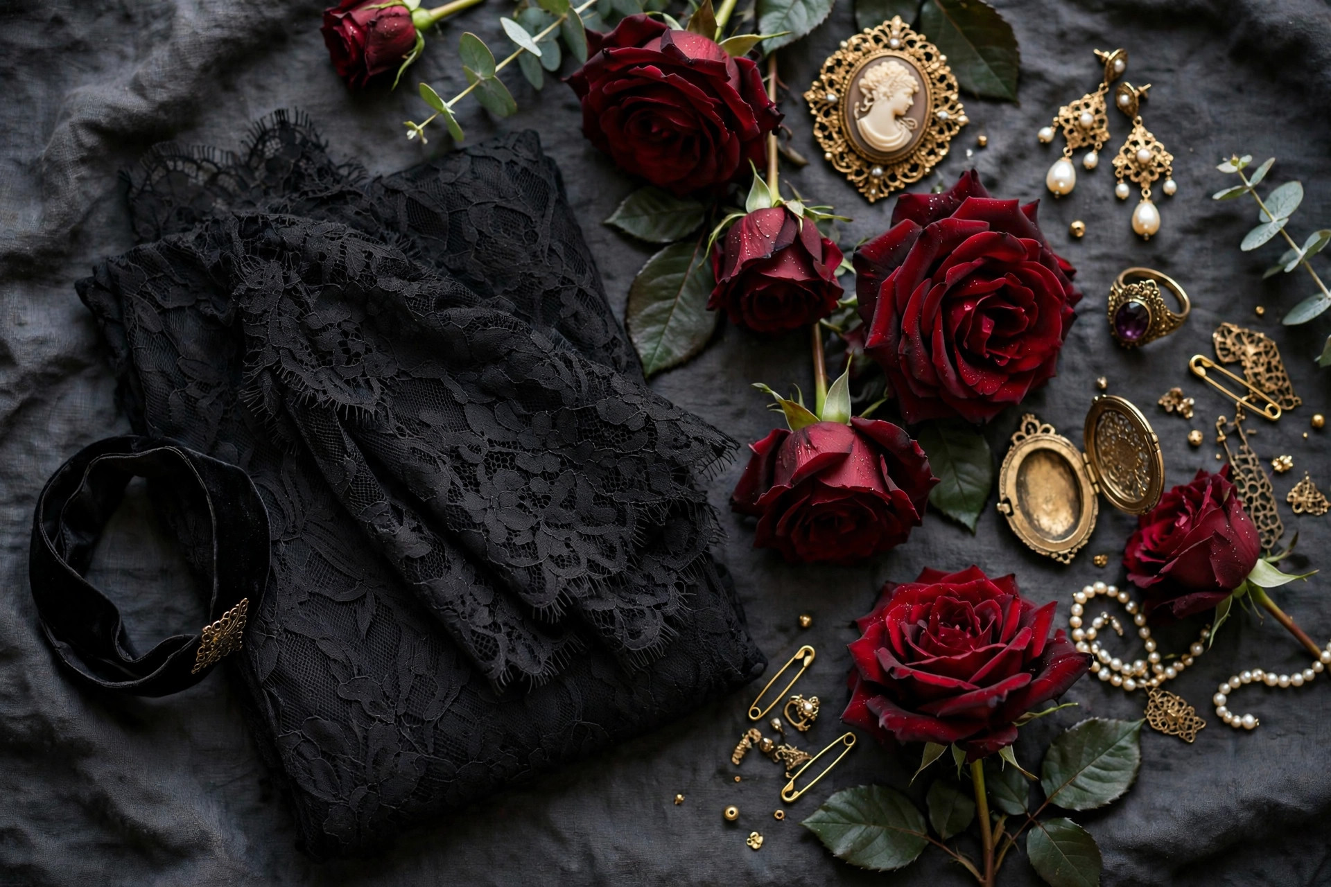 Photorealistic flat lay of dark romantic fashion pieces, black lace dress, velvet choker, dark red roses and antique jewellery, wide horizontal 3:2 composition, no text or words in the image.